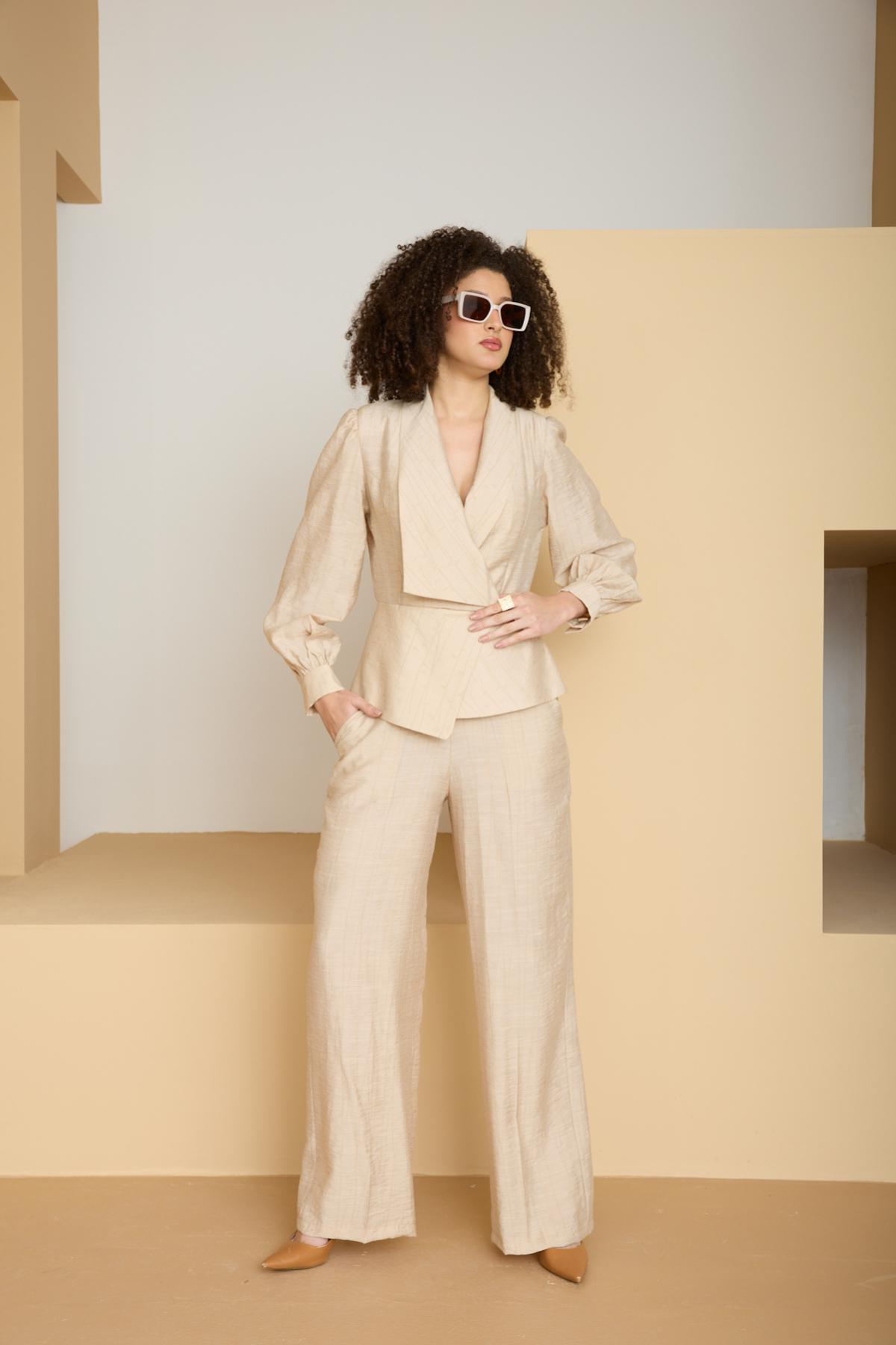 Wholesale Women Cream Two Piece Suit - Wrap Blazer with Bishop Sleeves and Wide-Leg Pants Set 729227
