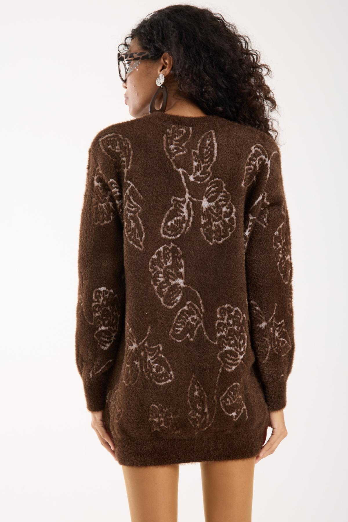 Wholesale Women Dark Brown Crew-Neck Knit Blouse with Leaf Pattern 738876