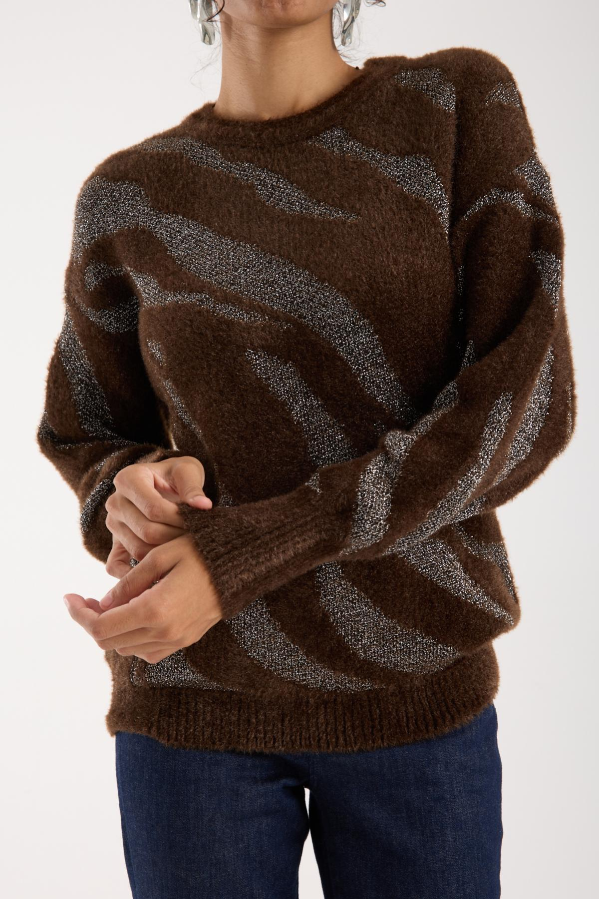 Wholesale Women Dark Brown Lurex Crew-Neck Knit Blouse with Bishop Sleeves 738864