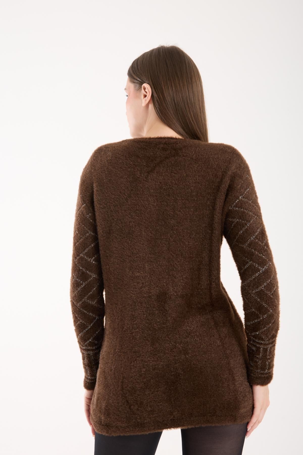 Wholesale Women Dark Brown Lurex Crew-Neck Knit Blouse with Side Slits 738848