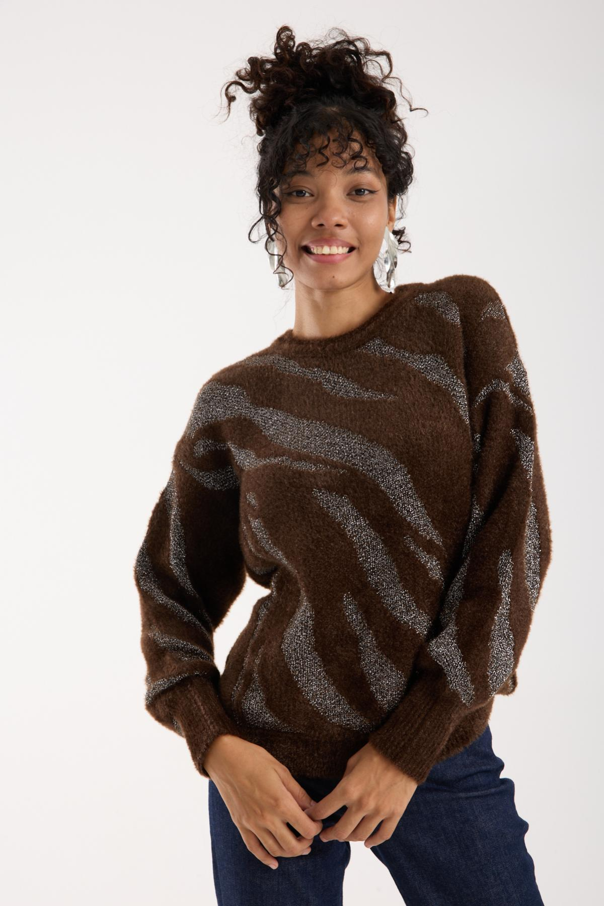 Wholesale Women Dark Brown Lurex Crew-Neck Knit Blouse with Bishop Sleeves 738864