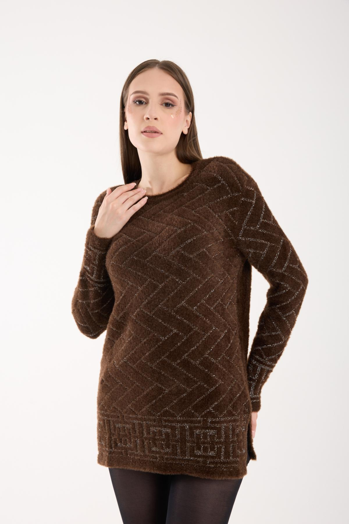 Wholesale Women Dark Brown Lurex Crew-Neck Knit Blouse with Side Slits 738848