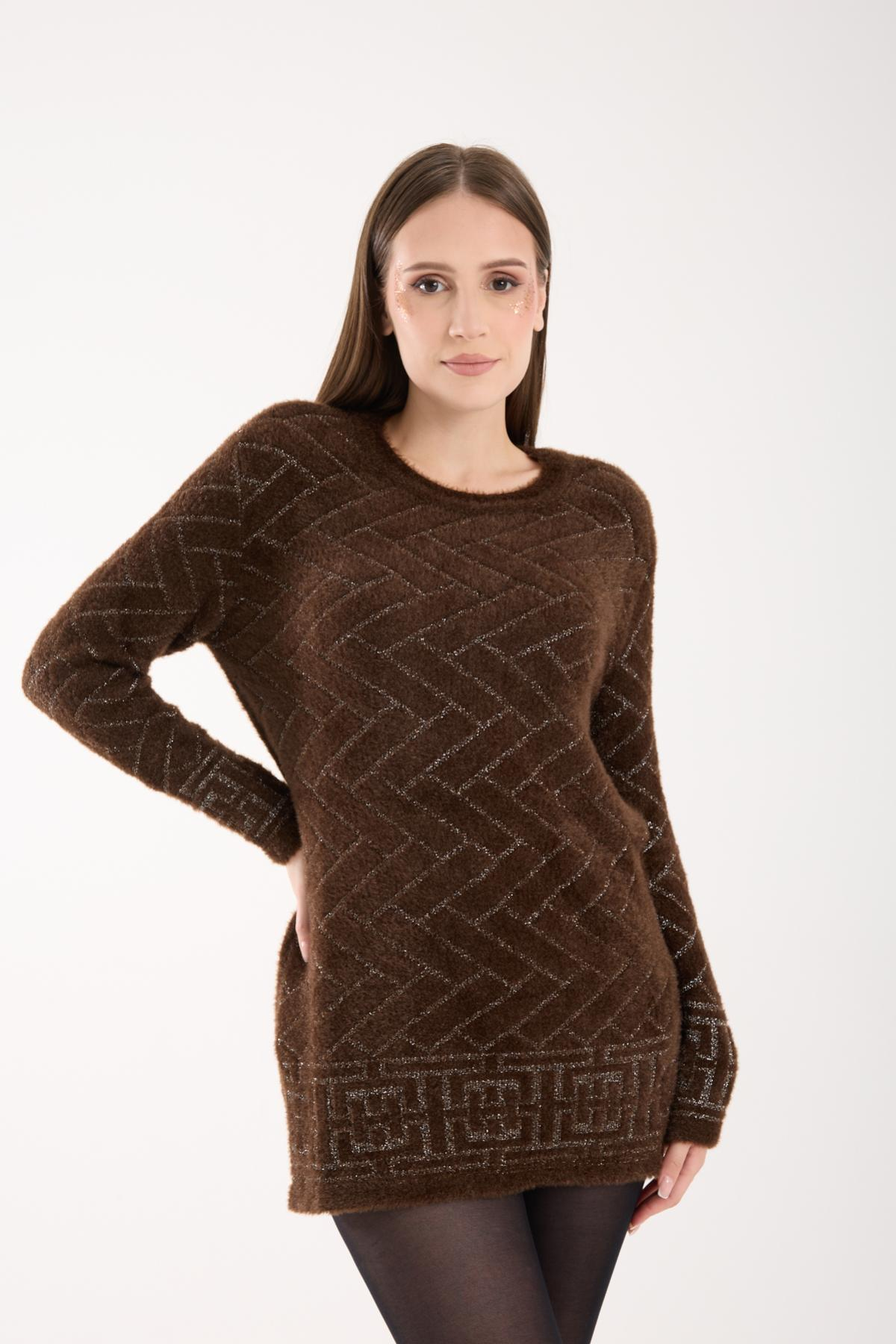 Wholesale Women Dark Brown Lurex Crew-Neck Knit Blouse with Side Slits 738848