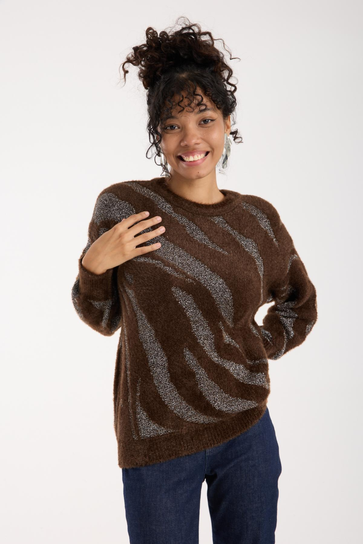 Wholesale Women Dark Brown Lurex Crew-Neck Knit Blouse with Bishop Sleeves 738864