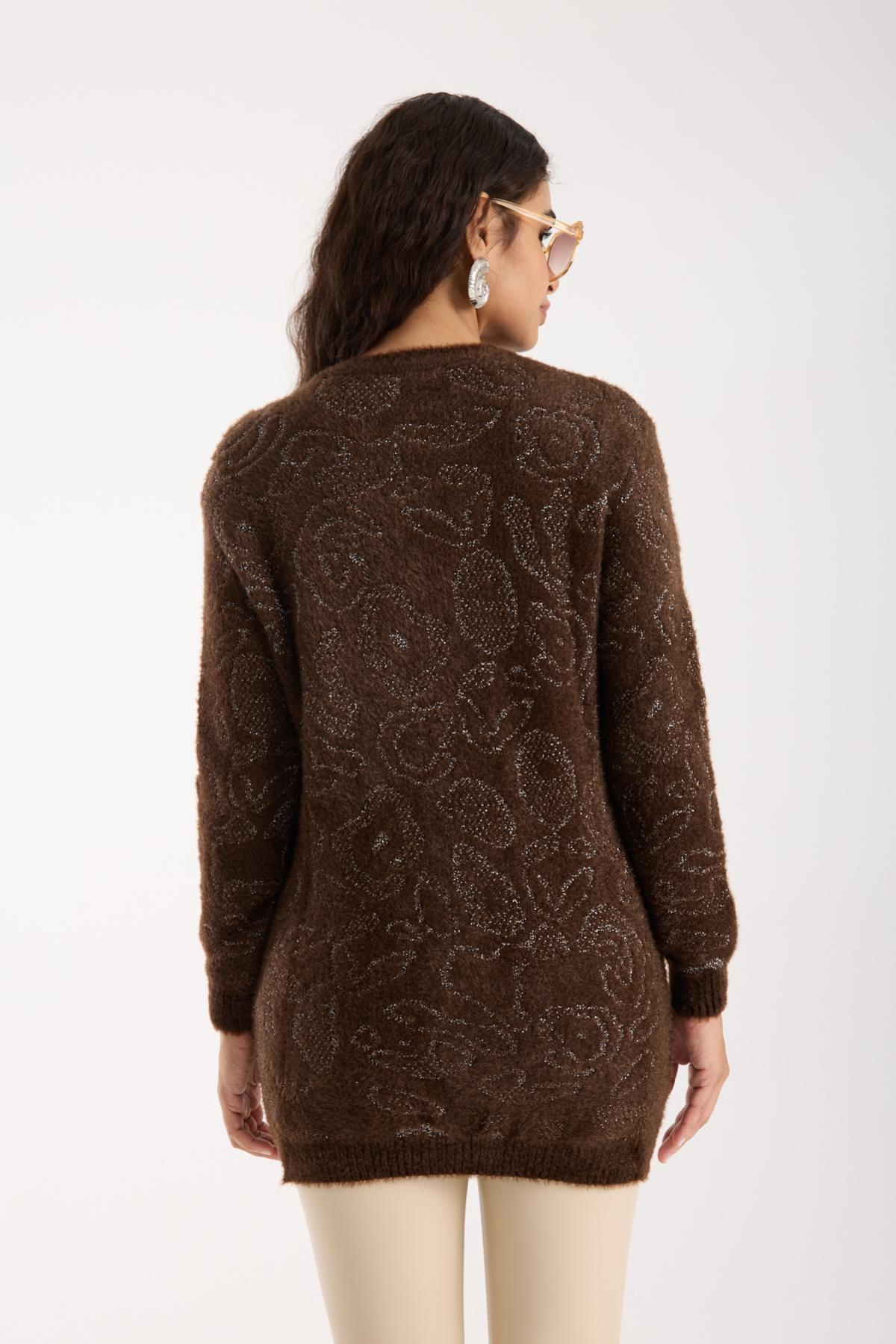 Wholesale Women Dark Brown Lurex Crew-Neck Knit Blouse with Side Slits 738859