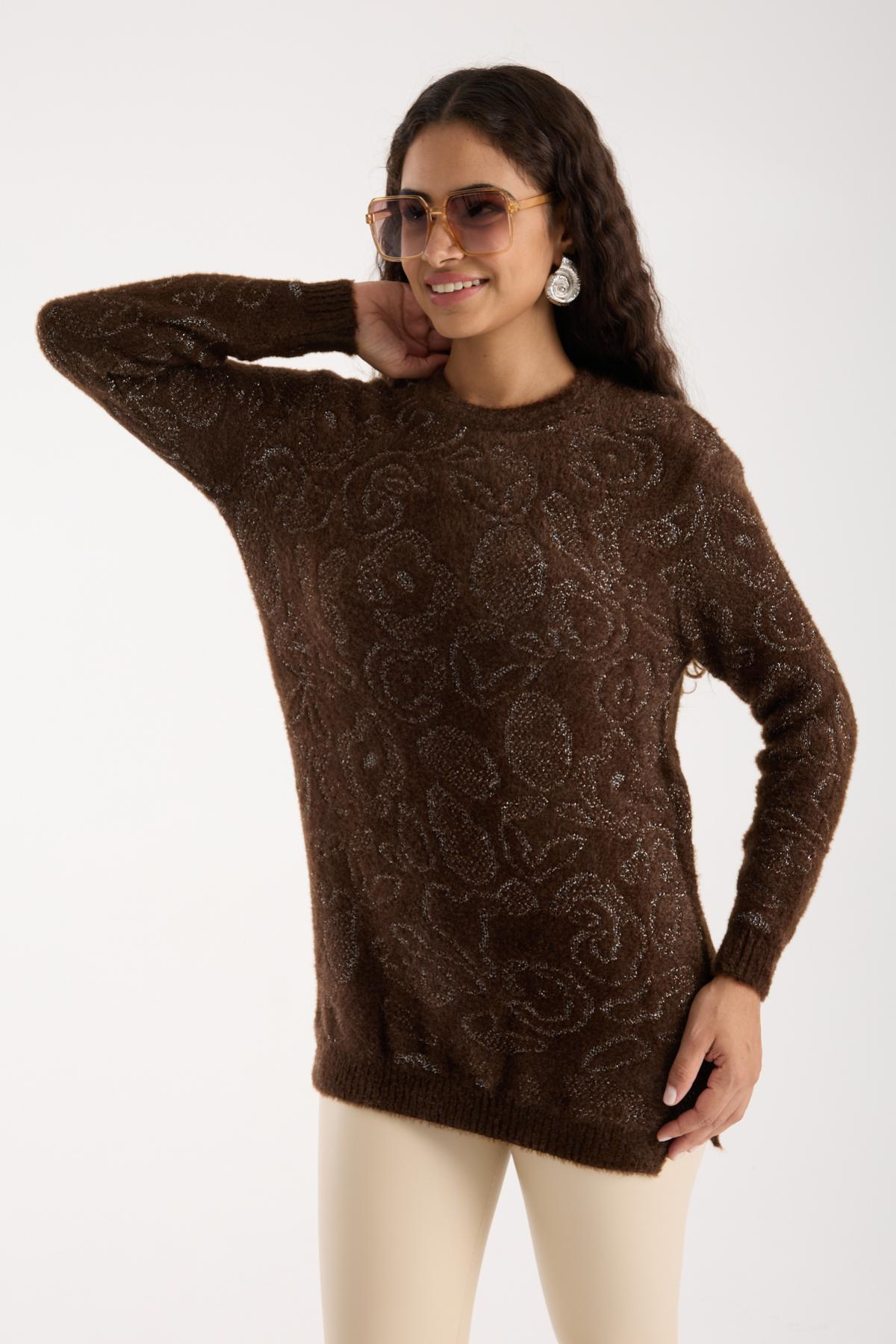 Wholesale Women Dark Brown Lurex Crew-Neck Knit Blouse with Side Slits 738859
