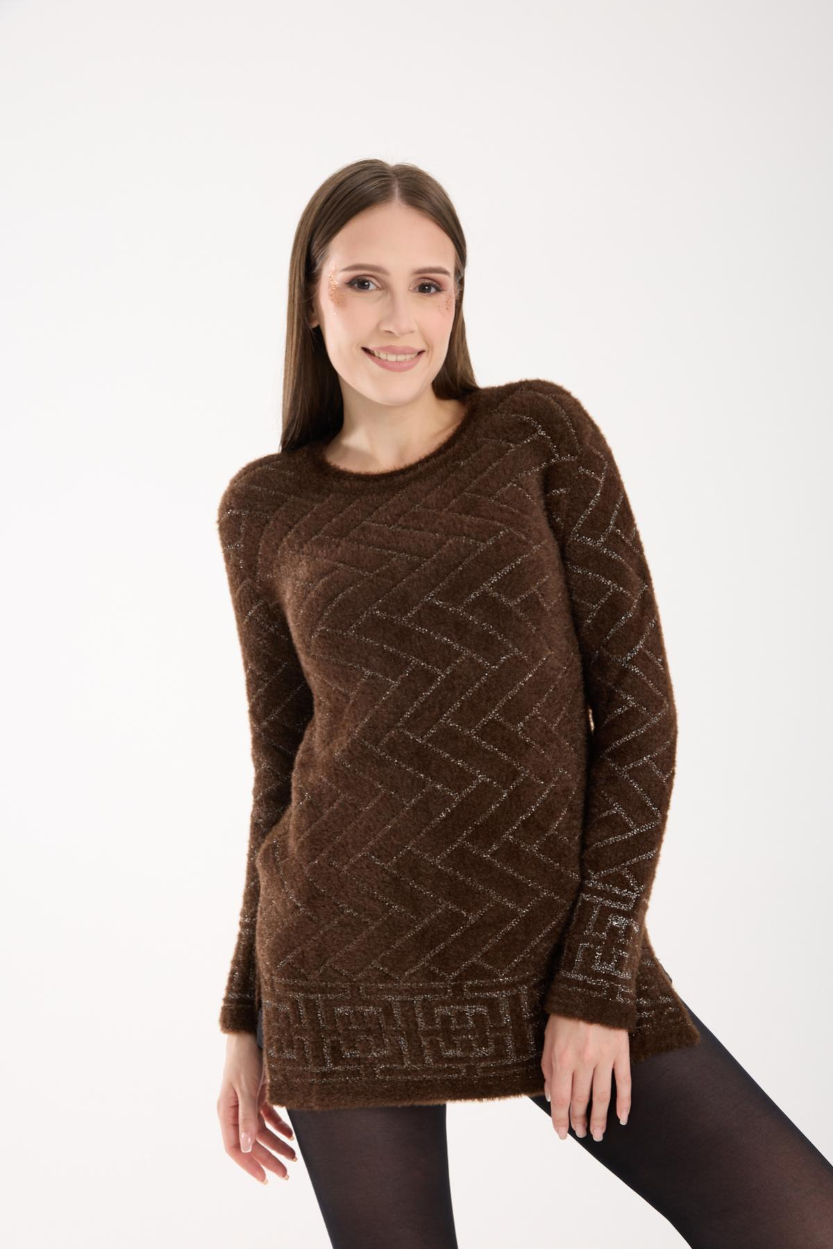 Wholesale Women Dark Brown Lurex Crew-Neck Knit Blouse with Side Slits 738848