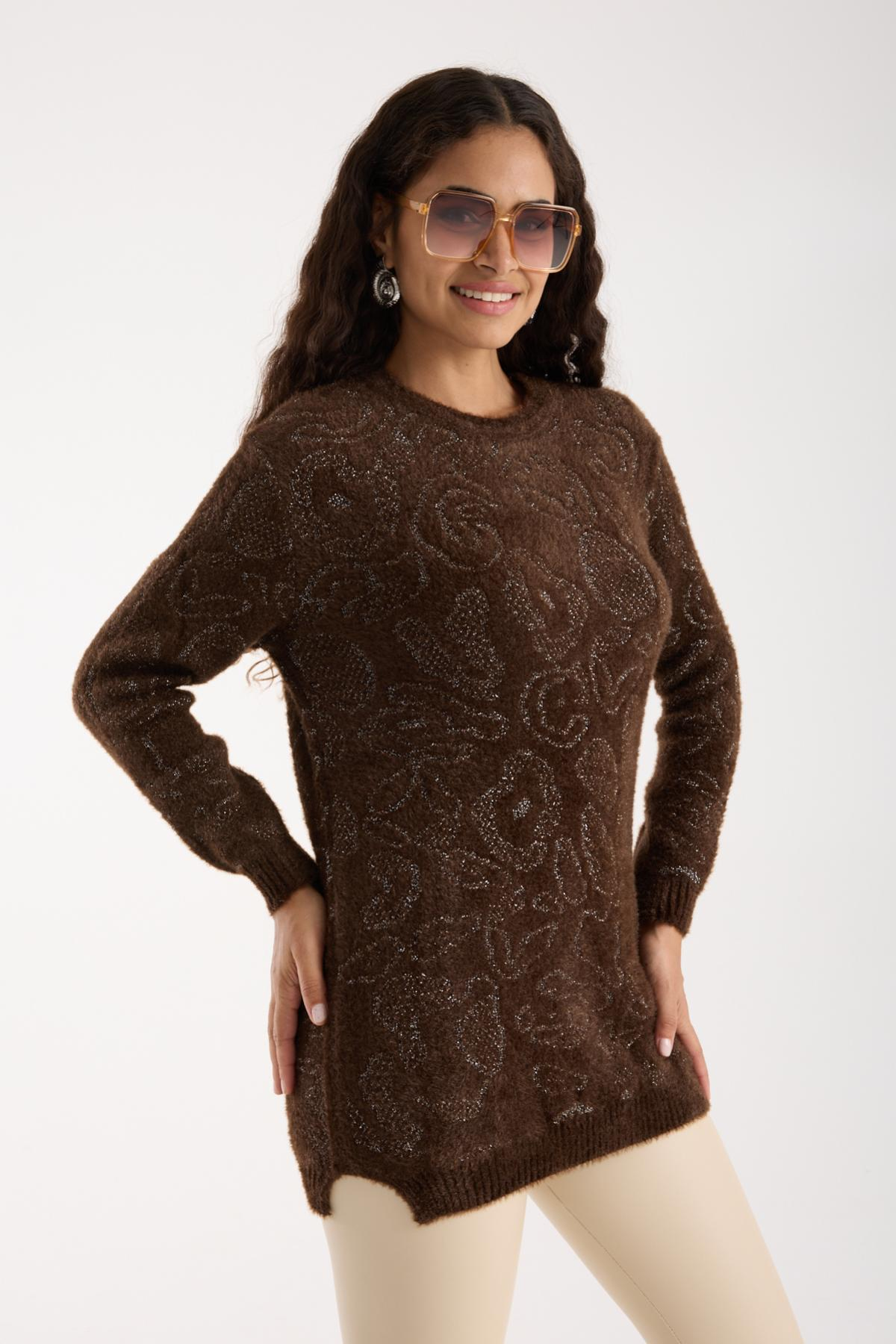 Wholesale Women Dark Brown Lurex Crew-Neck Knit Blouse with Side Slits 738859
