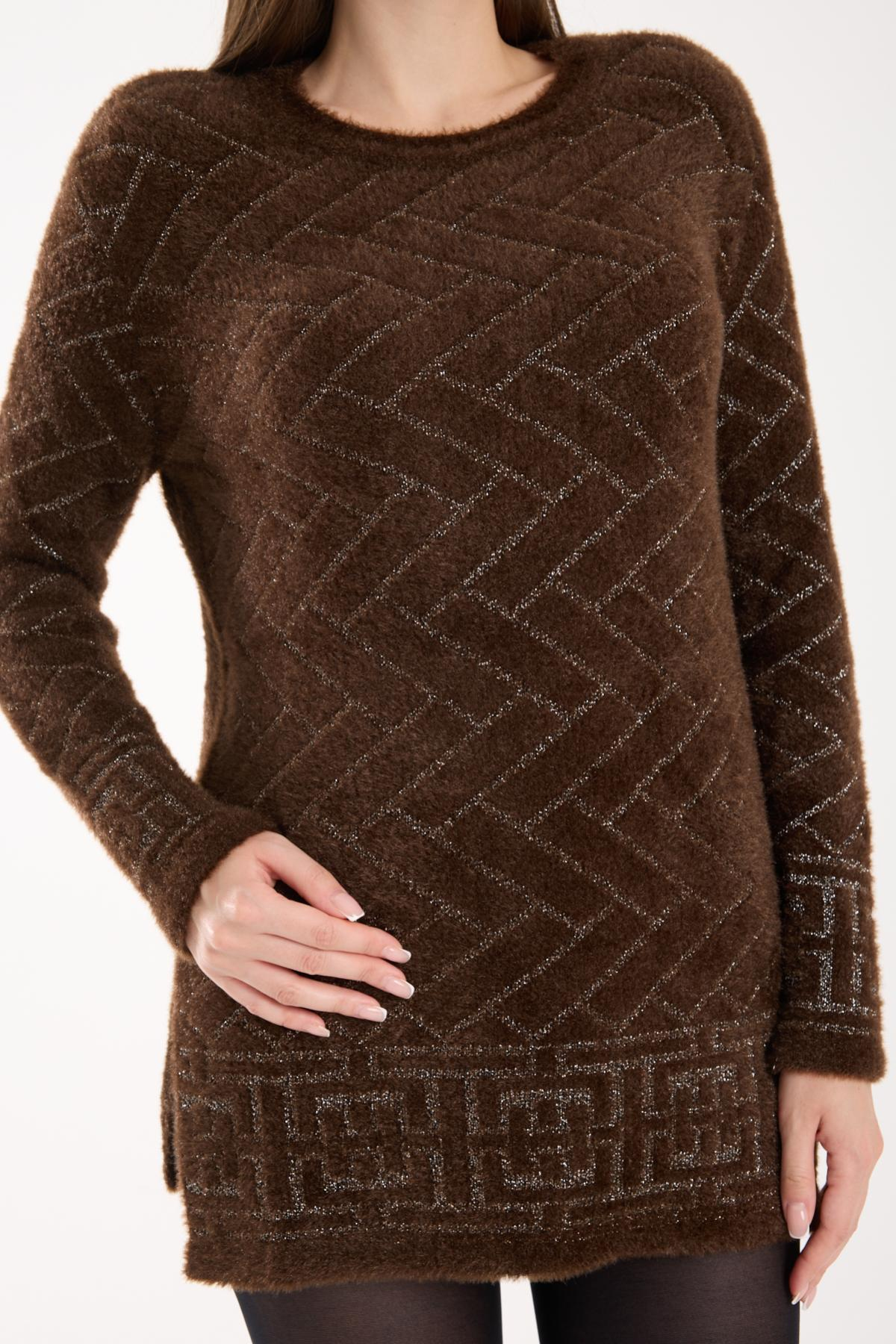 Wholesale Women Dark Brown Lurex Crew-Neck Knit Blouse with Side Slits 738848