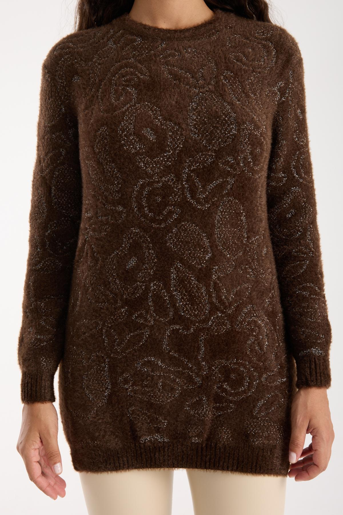 Wholesale Women Dark Brown Lurex Crew-Neck Knit Blouse with Side Slits 738859