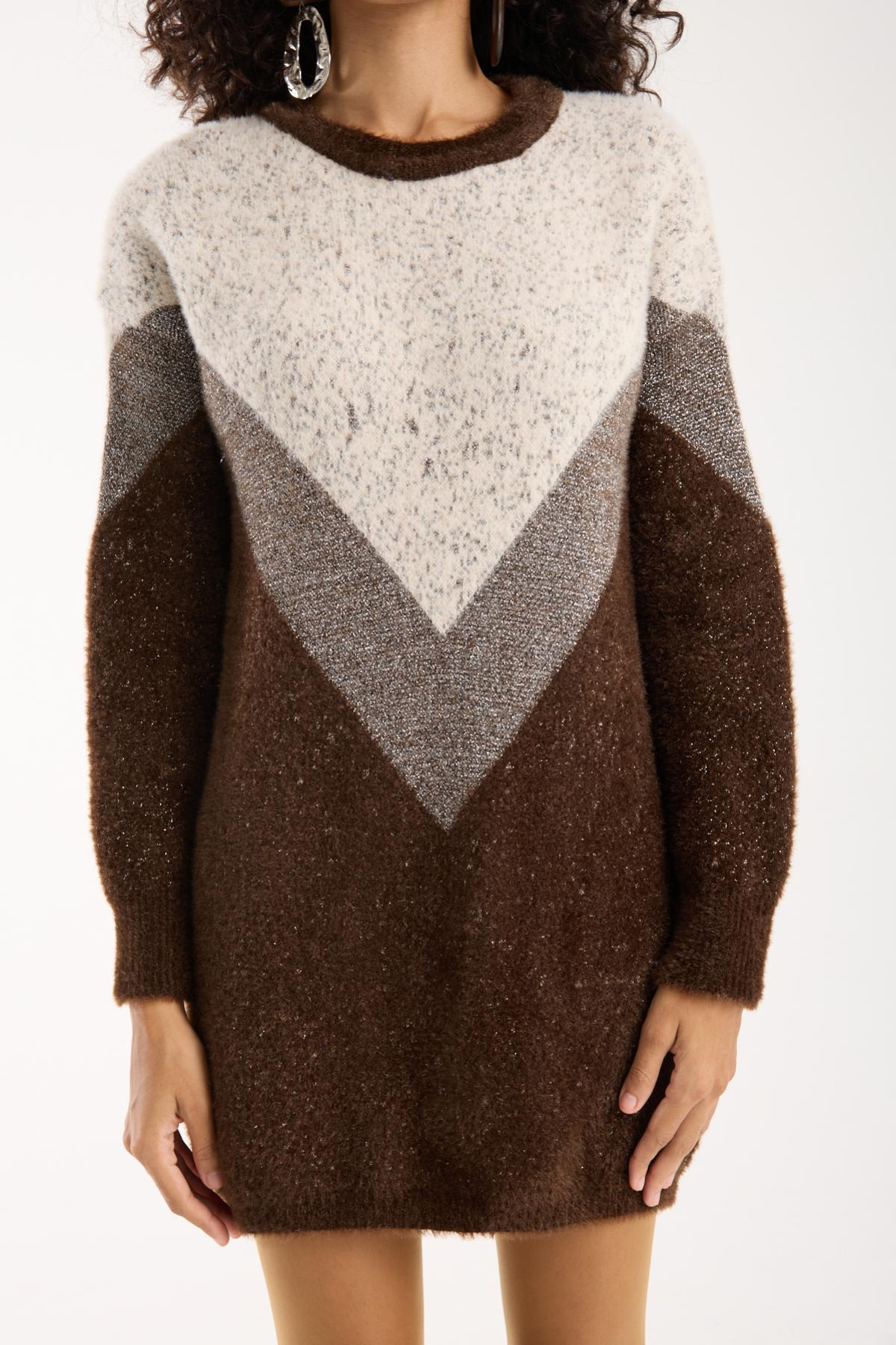 Wholesale Women Dark Brown Two-Tone Crew-Neck Lurex Knit Blouse 738870