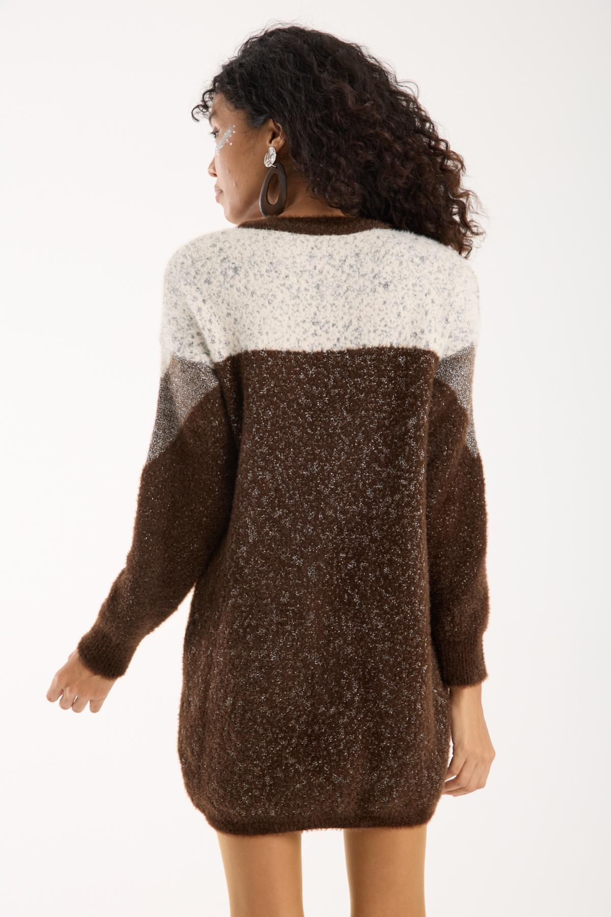 Wholesale Women Dark Brown Two-Tone Crew-Neck Lurex Knit Blouse 738870