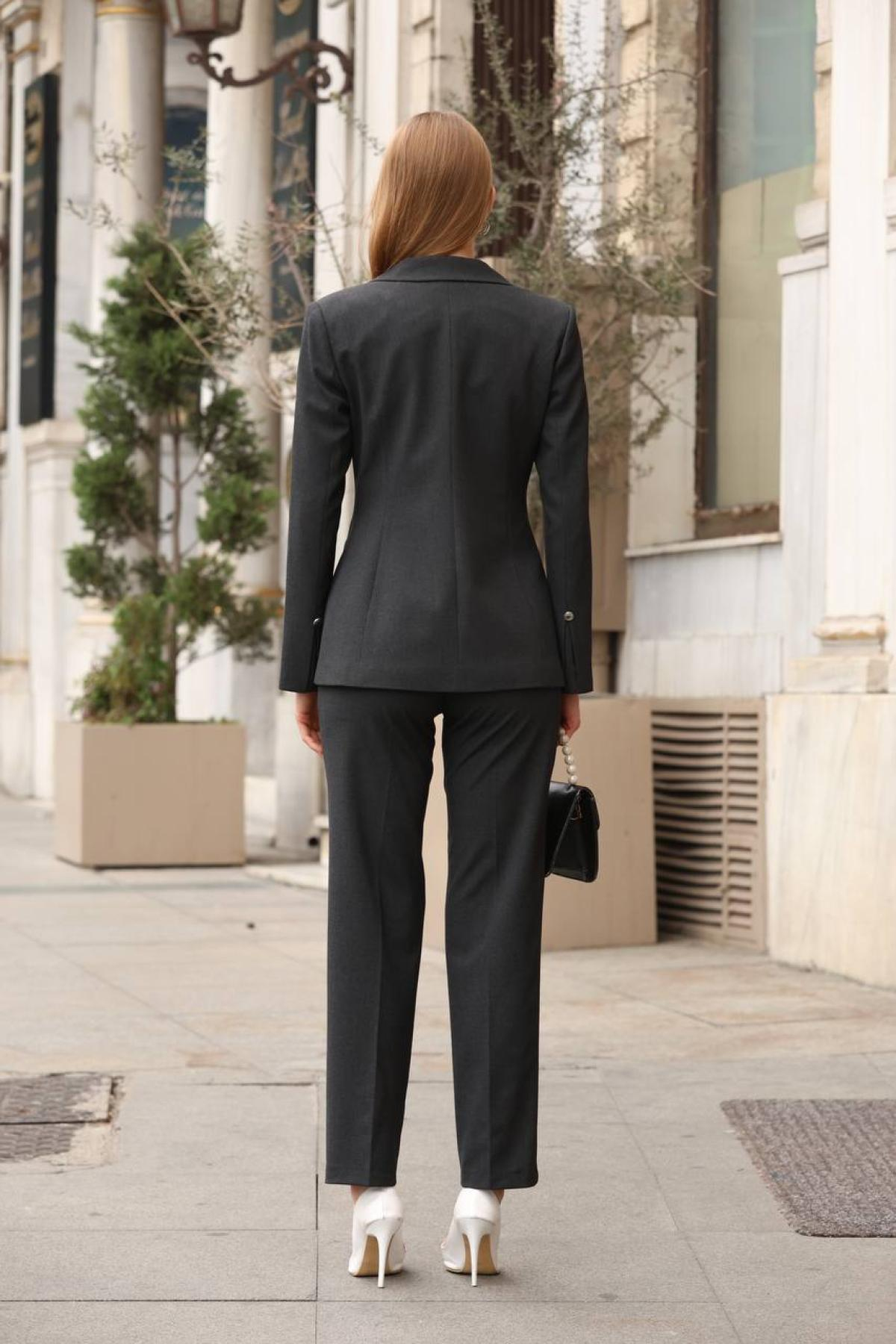 Wholesale Women Dark Gray Two Piece Suit Blazer and Pants Set 718289