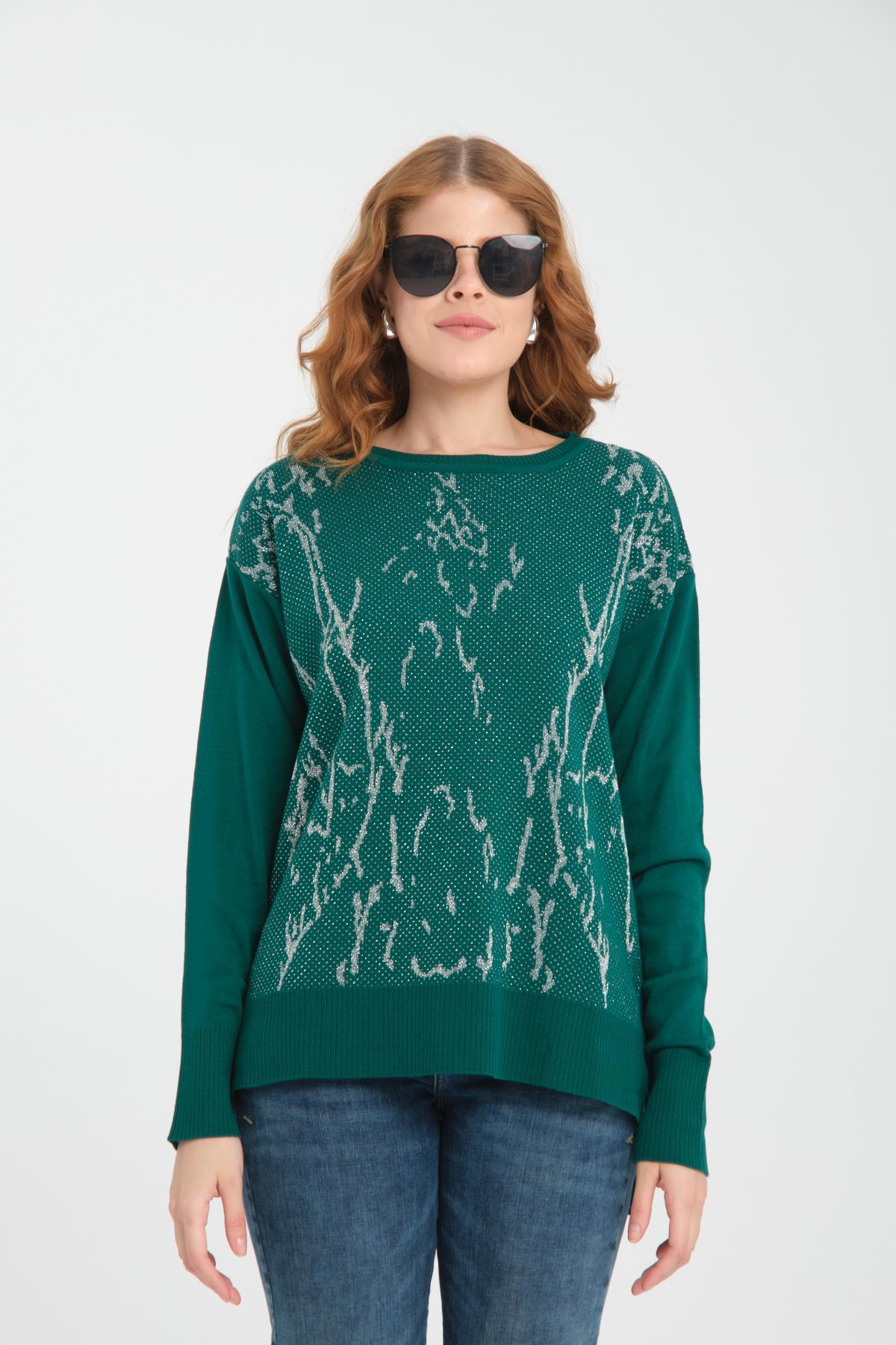 Wholesale Women Dark Green Glitter Crew-Neck Sweaters 710996