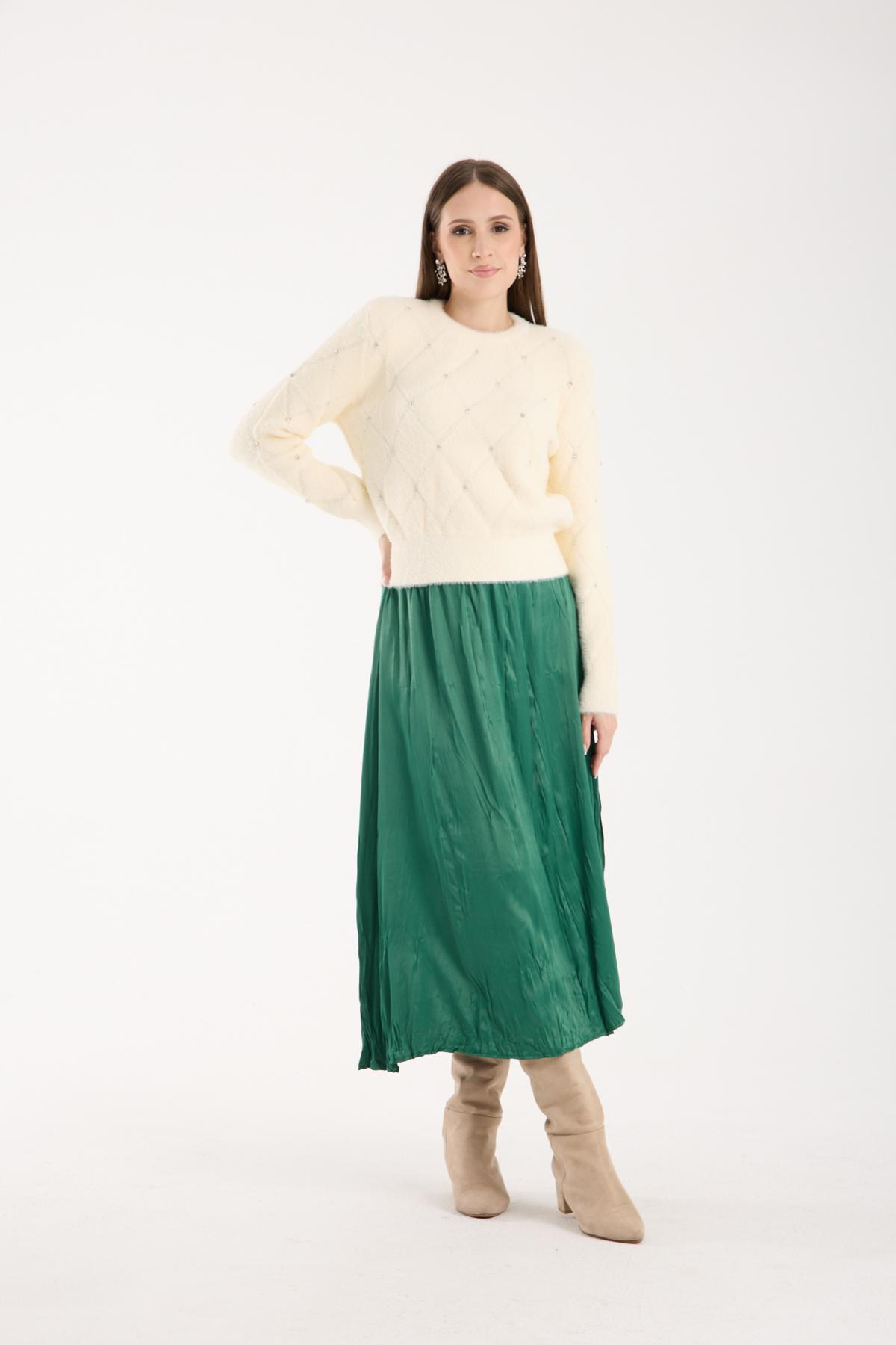 Wholesale Women Ecru Crew-Neck Knit Blouse with Rhinestone Embellishments 738896