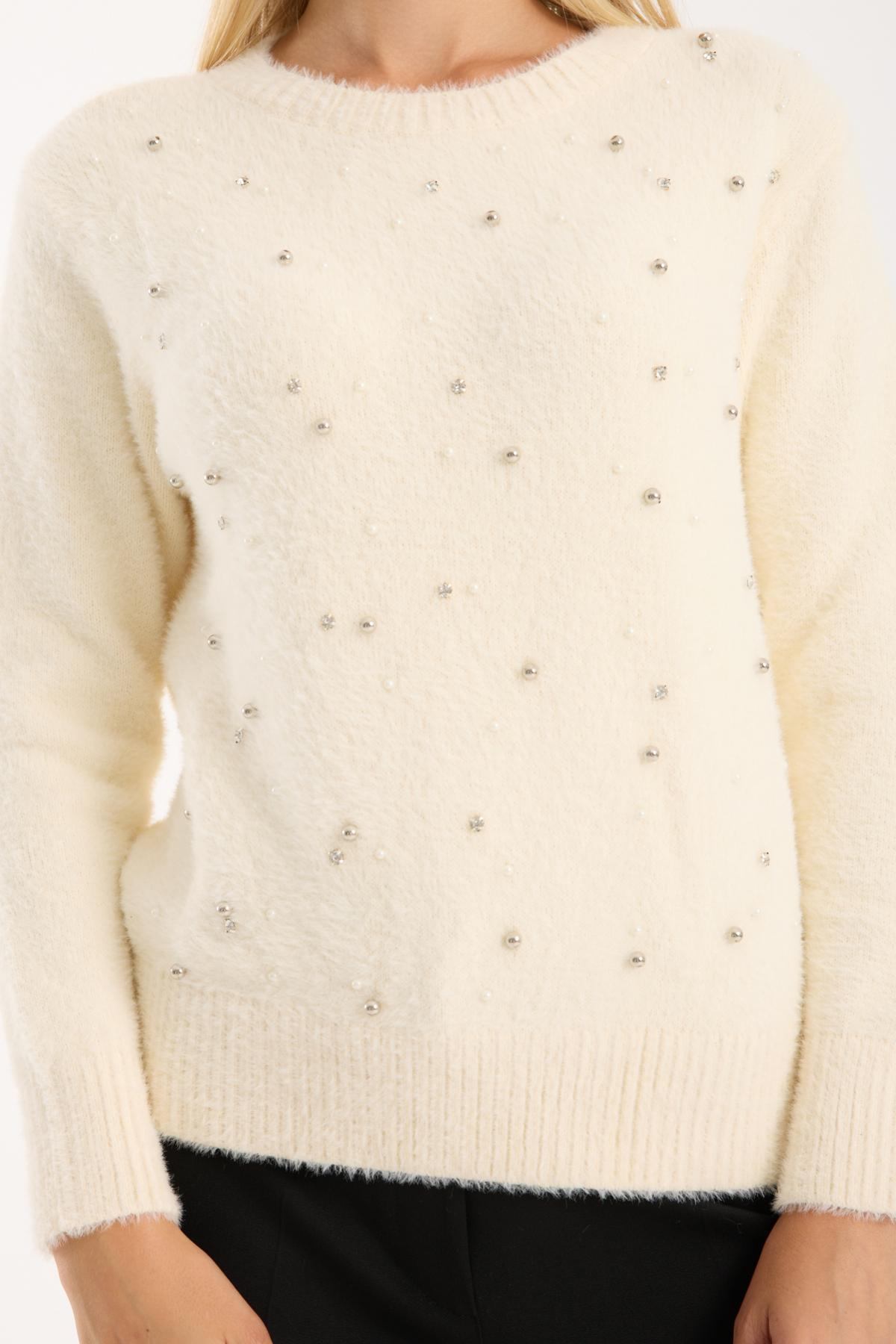 Wholesale Women Ecru Crew-Neck Knit Blouse with Rhinestone and Pearl Embellishments 738885