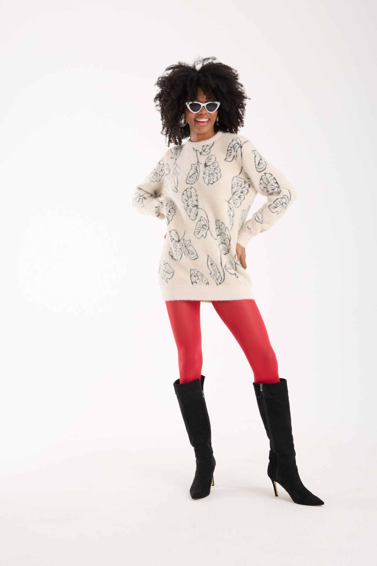 Wholesale Women Ecru Crew-Neck Knit Blouse with Leaf Pattern 738874