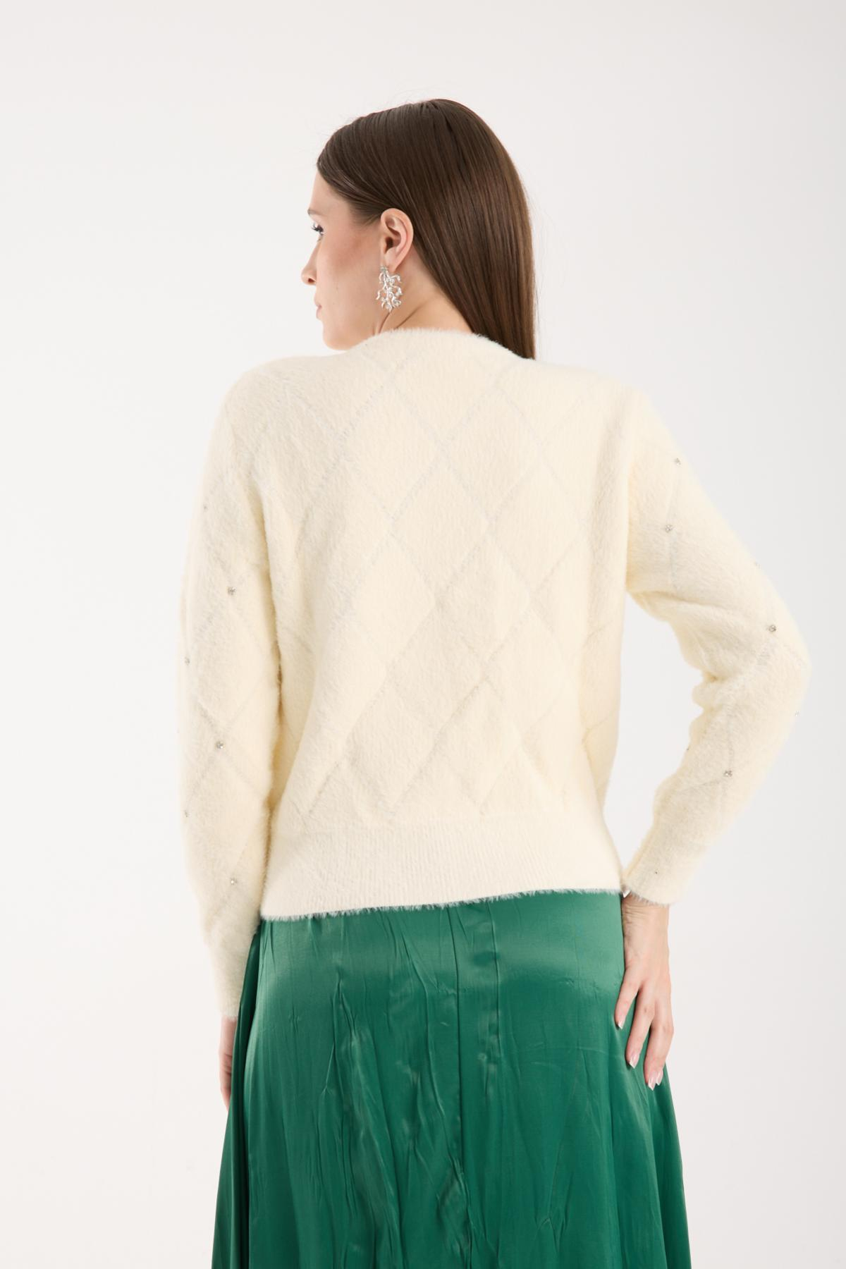 Wholesale Women Ecru Crew-Neck Knit Blouse with Rhinestone Embellishments 738896