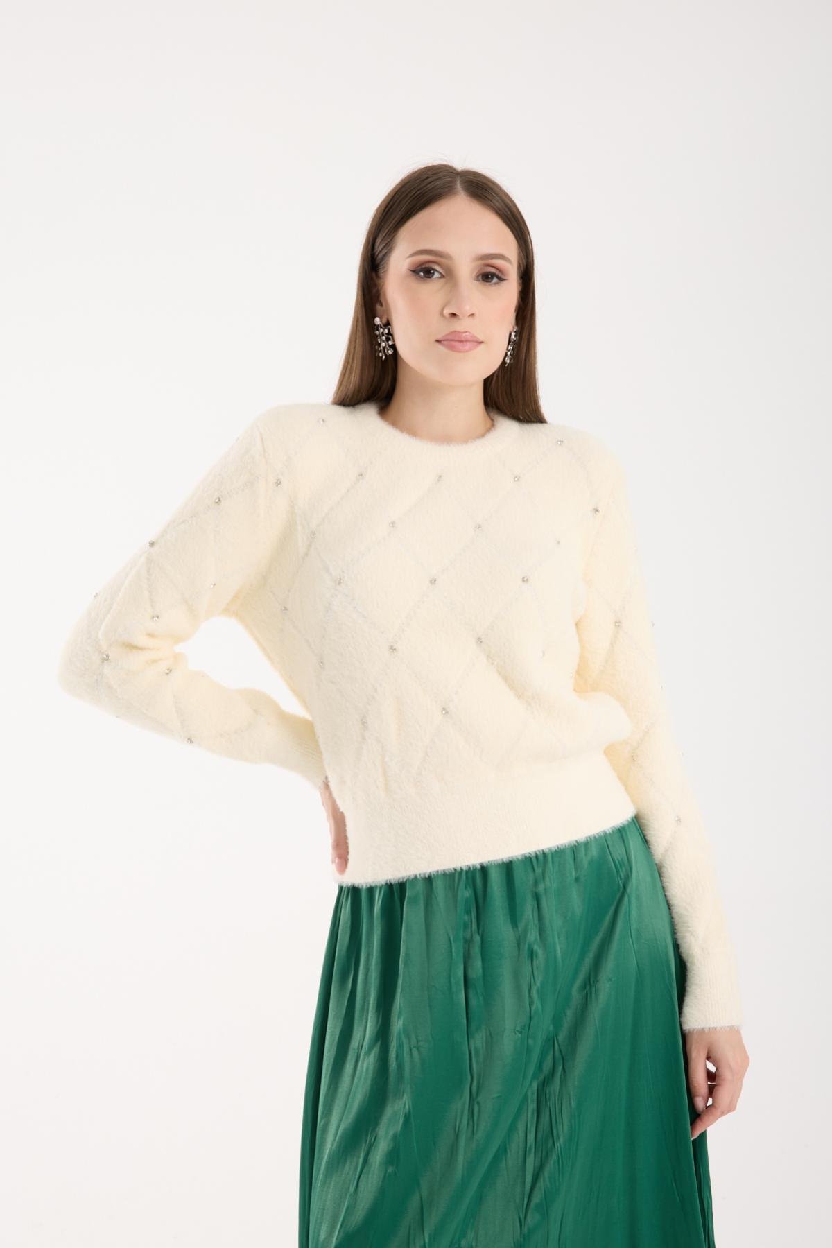 Wholesale Women Ecru Crew-Neck Knit Blouse with Rhinestone Embellishments 738896