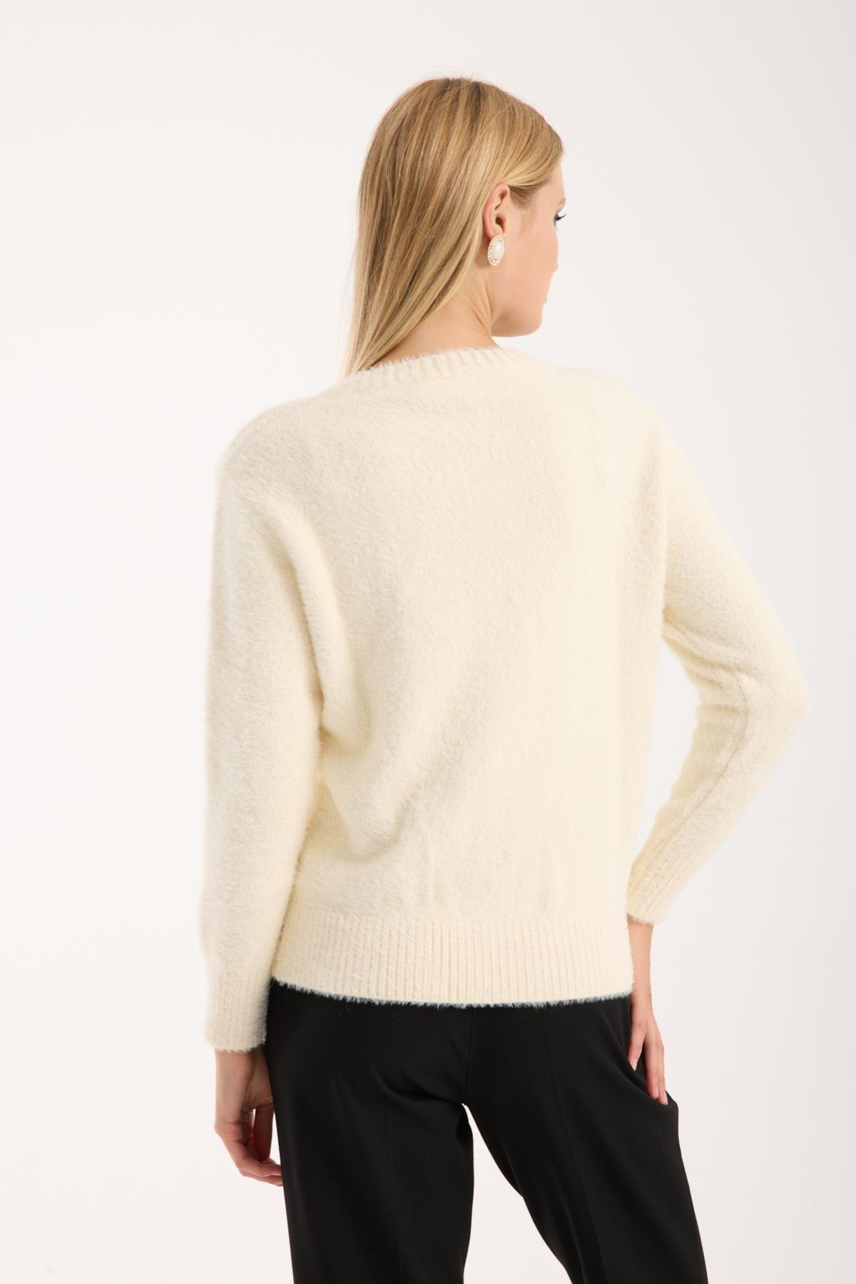 Wholesale Women Ecru Crew-Neck Knit Blouse with Rhinestone and Pearl Embellishments 738885