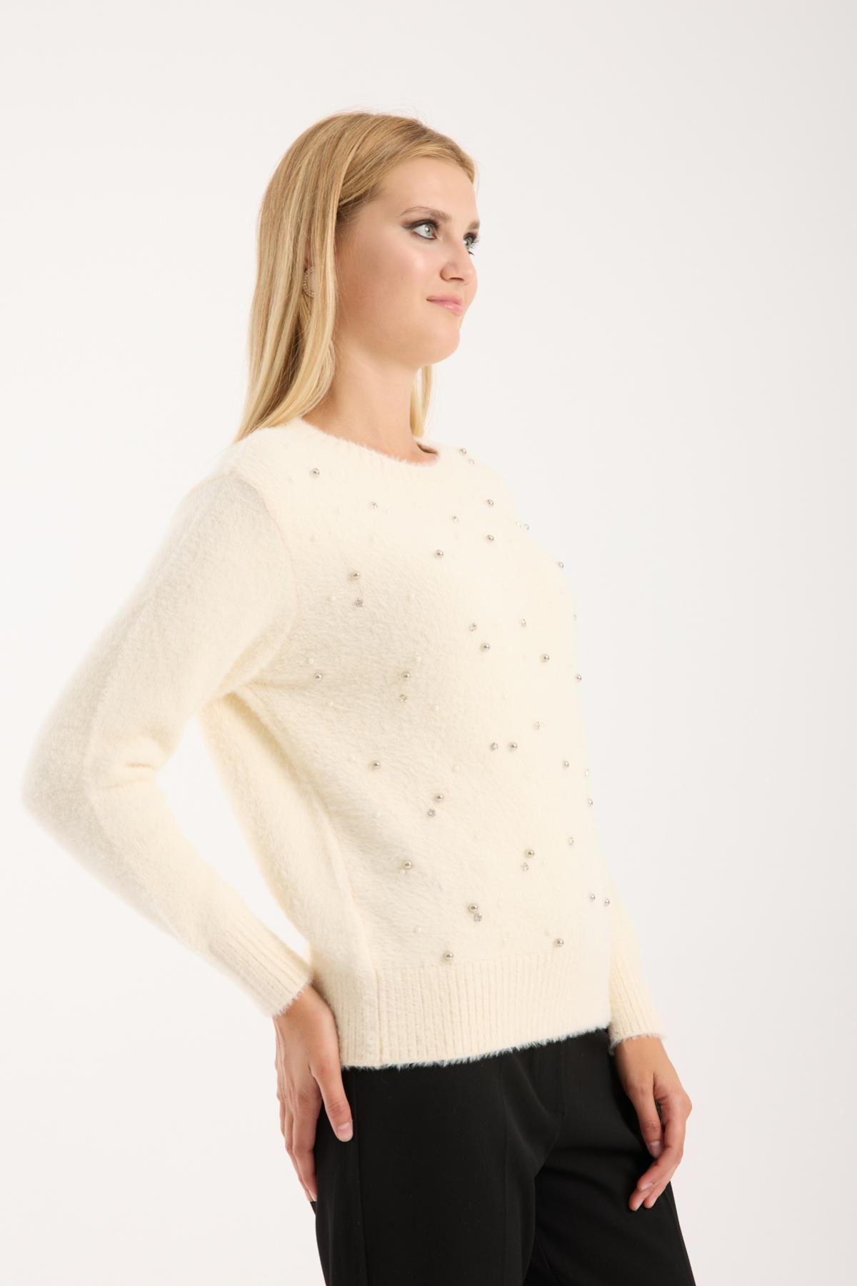 Wholesale Women Ecru Crew-Neck Knit Blouse with Rhinestone and Pearl Embellishments 738885