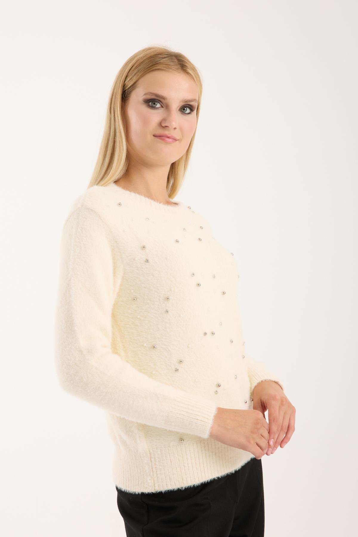 Wholesale Women Ecru Crew-Neck Knit Blouse with Rhinestone and Pearl Embellishments 738885