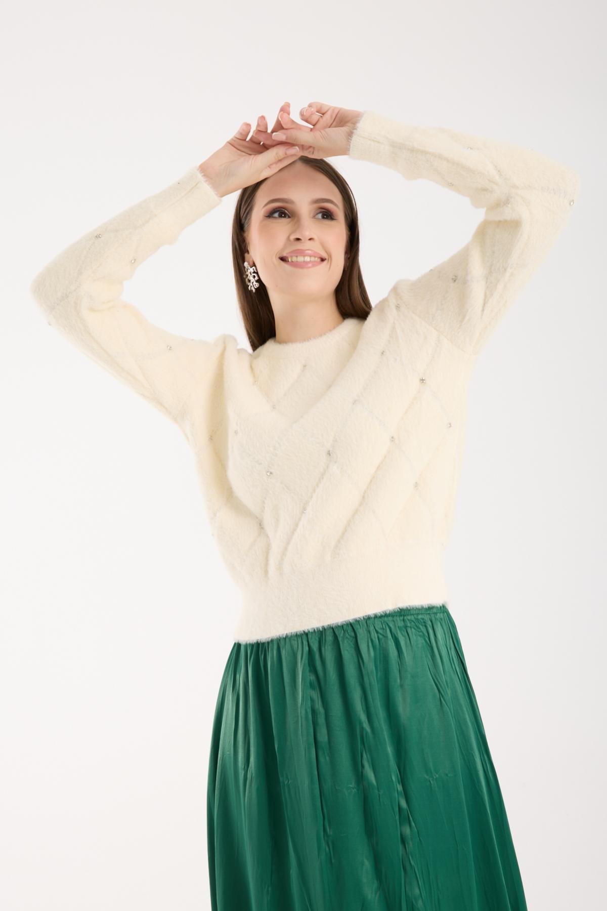 Wholesale Women Ecru Crew-Neck Knit Blouse with Rhinestone Embellishments 738896