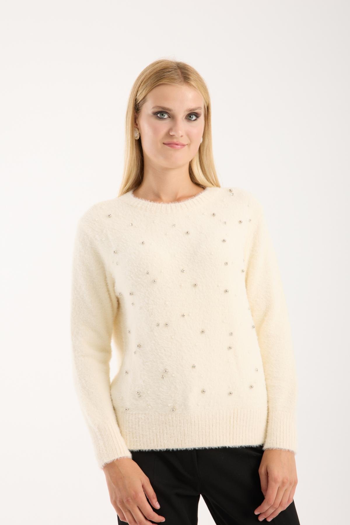 Wholesale Women Ecru Crew-Neck Knit Blouse with Rhinestone and Pearl Embellishments 738885