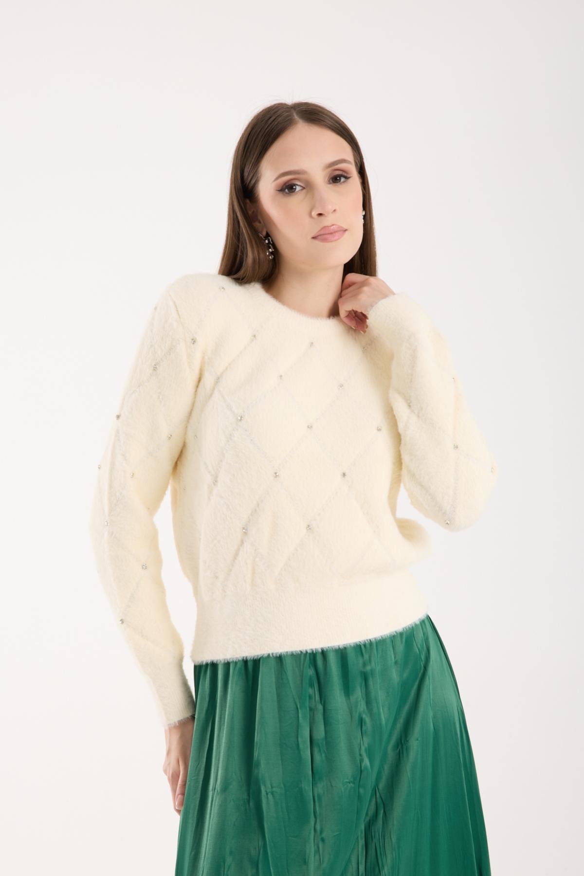 Wholesale Women Ecru Crew-Neck Knit Blouse with Rhinestone Embellishments 738896