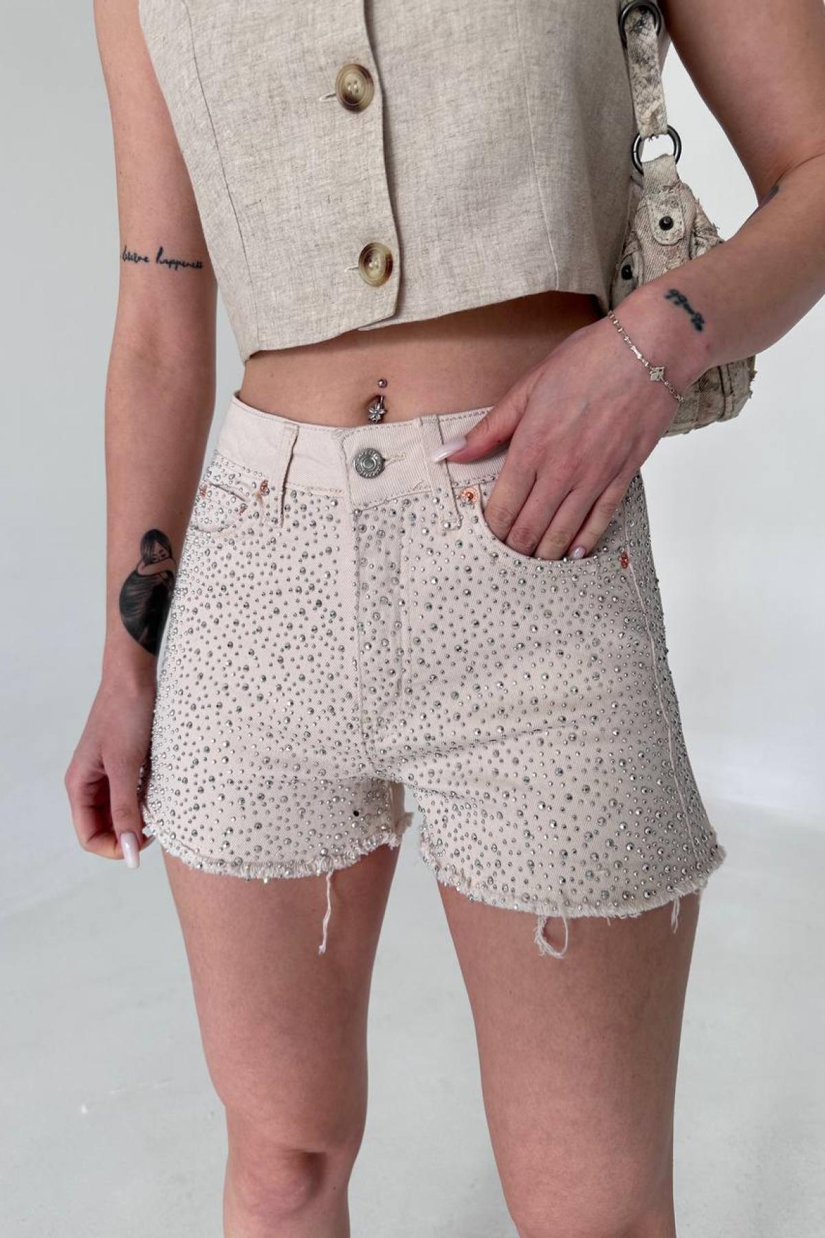 Wholesale Women Ecru Denim Rhinestone Shorts 732075
