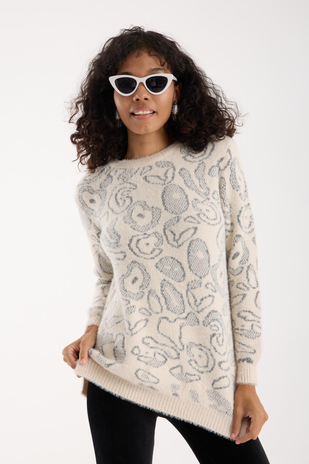 Wholesale Women Ecru Lurex Crew-Neck Knit Blouse with Side Slits 738856