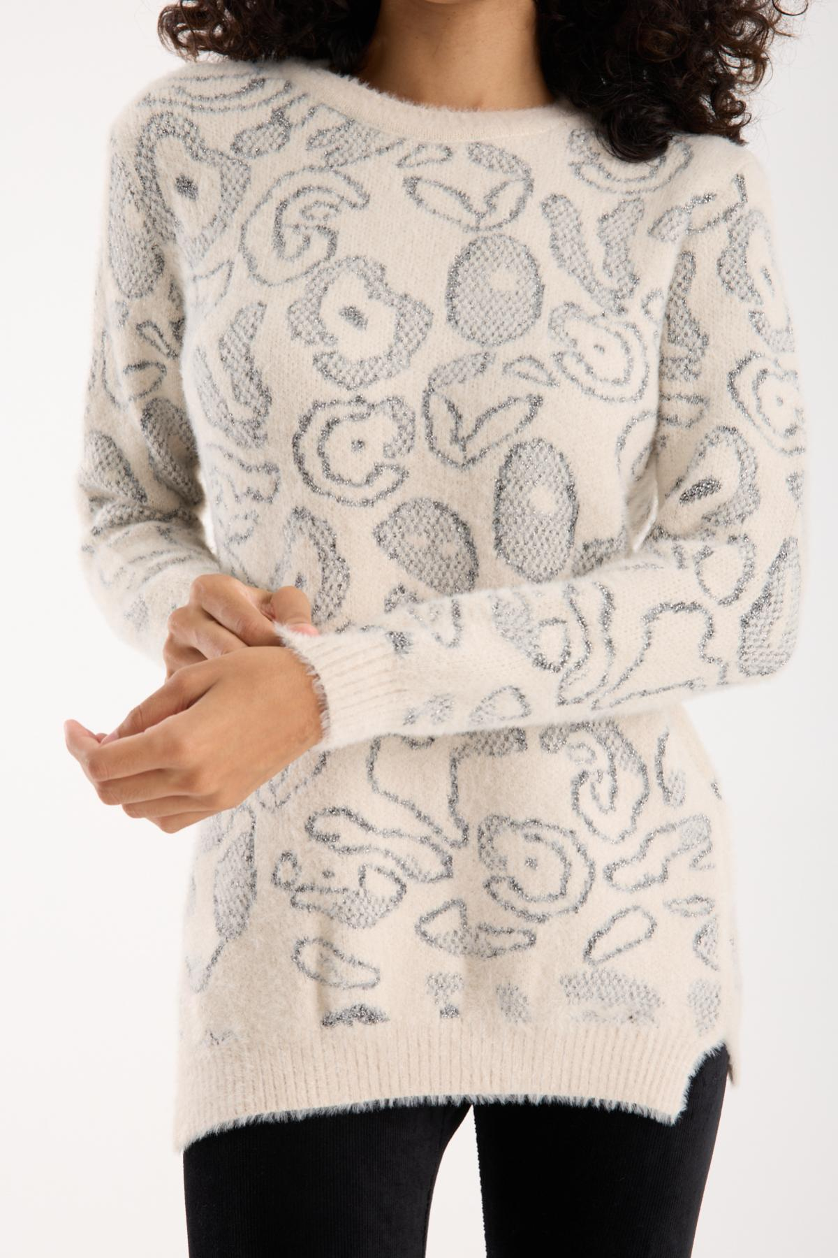 Wholesale Women Ecru Lurex Crew-Neck Knit Blouse with Side Slits 738856