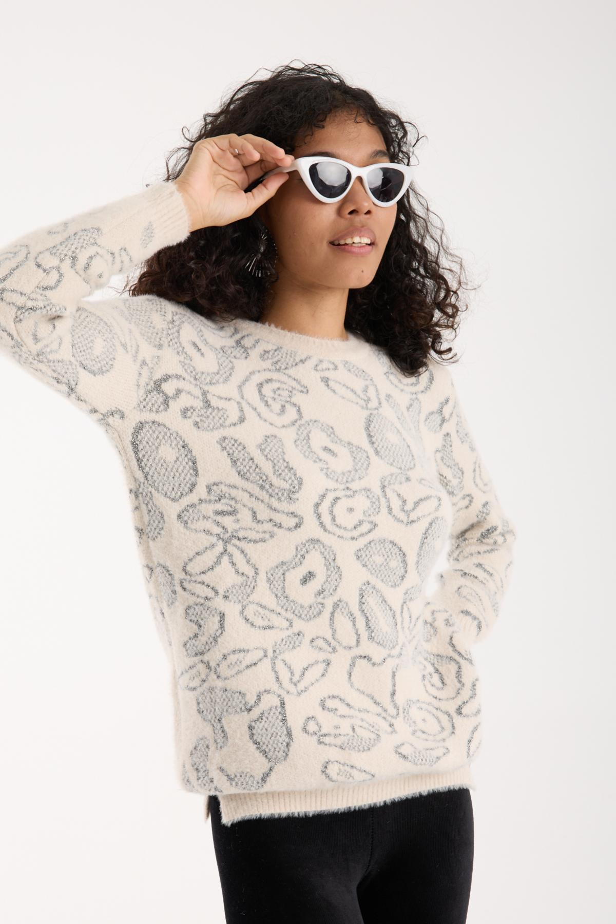 Wholesale Women Ecru Lurex Crew-Neck Knit Blouse with Side Slits 738856