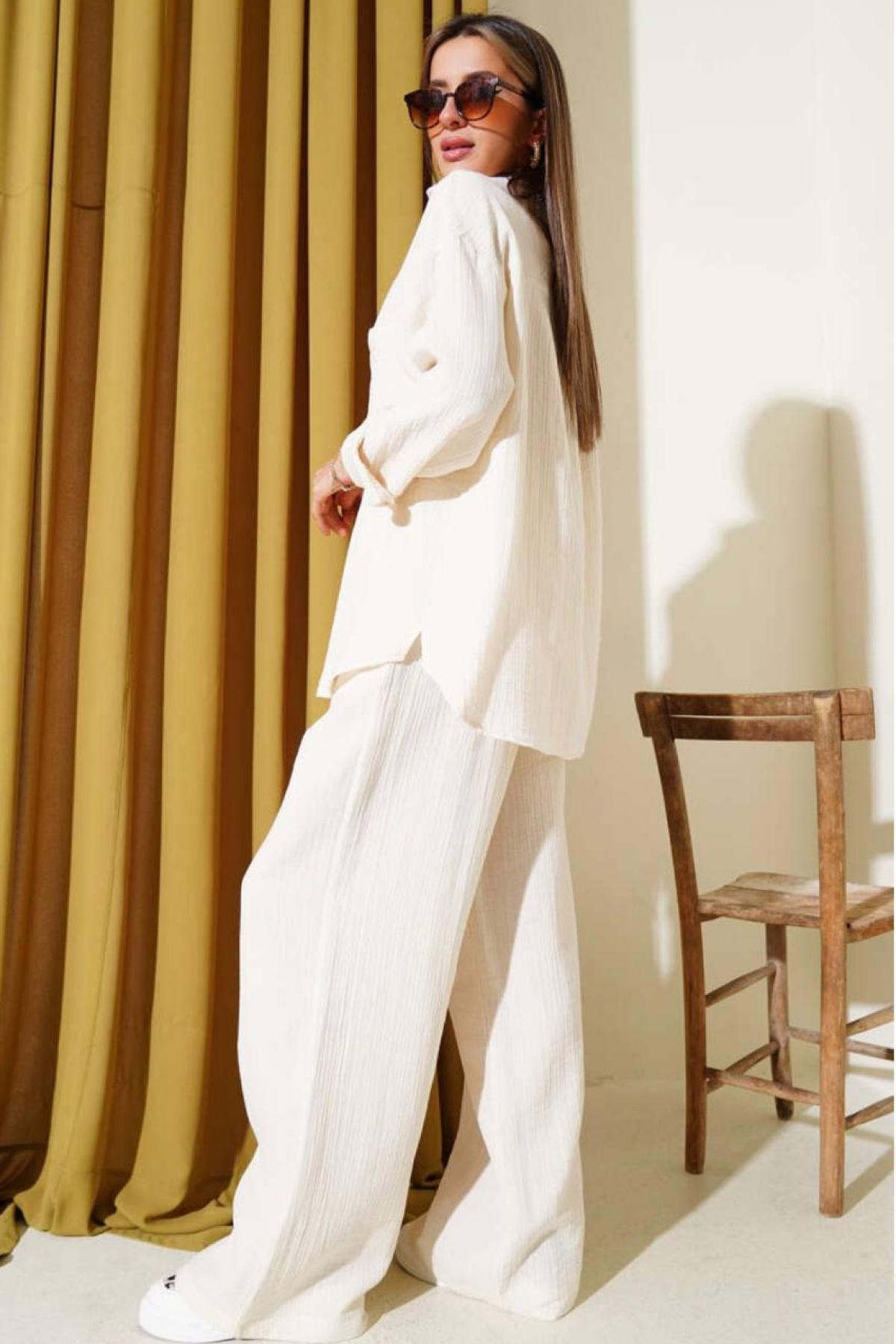 Wholesale Women Ecru Muslin Fabric Shirt Trouser Set 731154