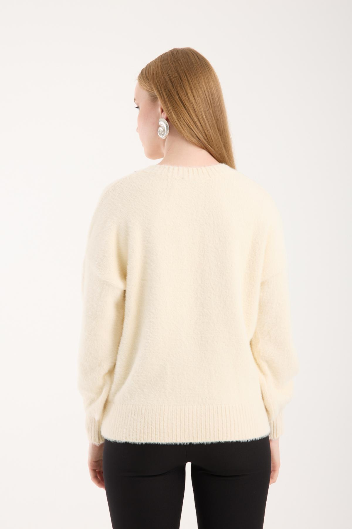 Wholesale Women Ecru V-Neck Knit Blouse with Rhinestone and Pearl Embellishments 738879