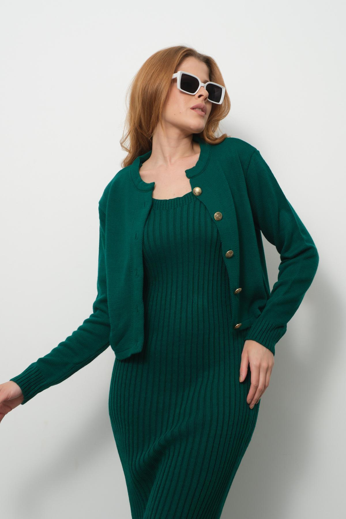 Wholesale Women Emerald Green Knitted Dress and Cardigan Set 713307