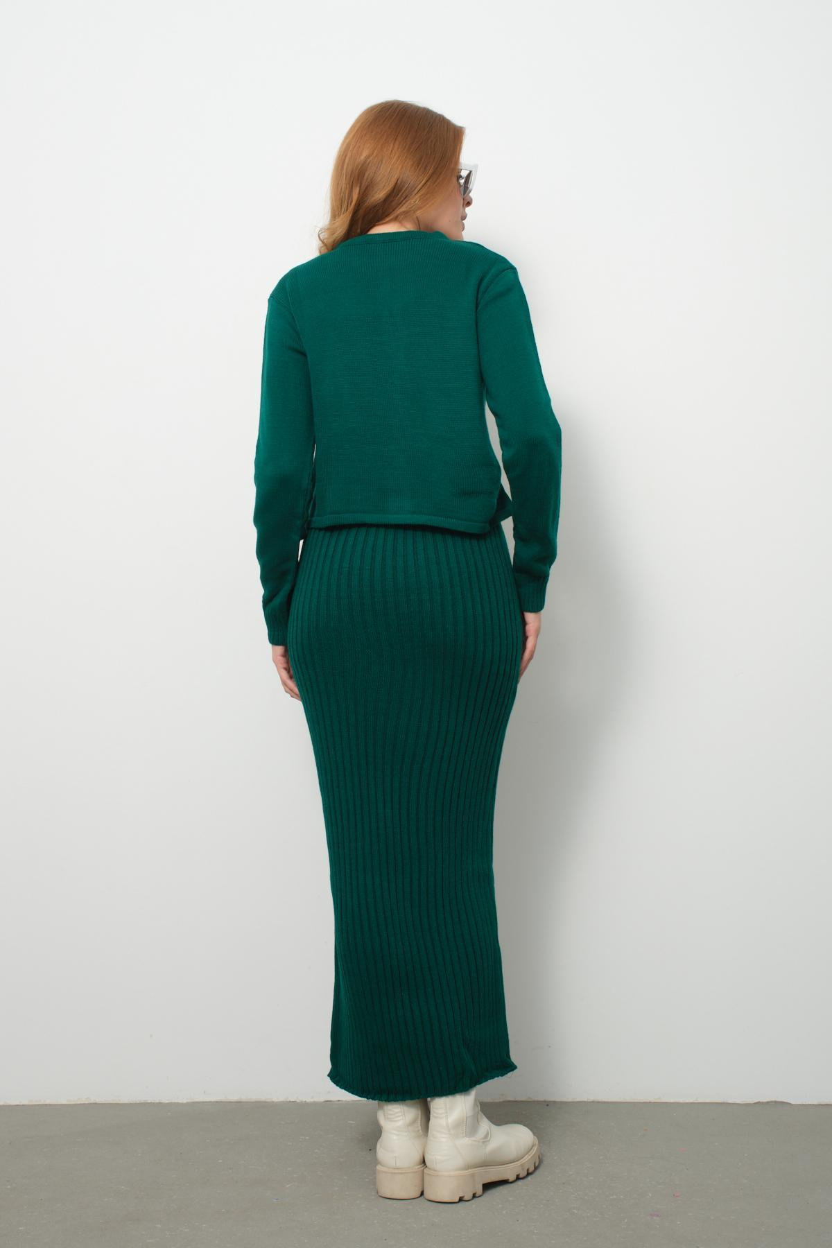 Wholesale Women Emerald Green Knitted Dress and Cardigan Set 713307