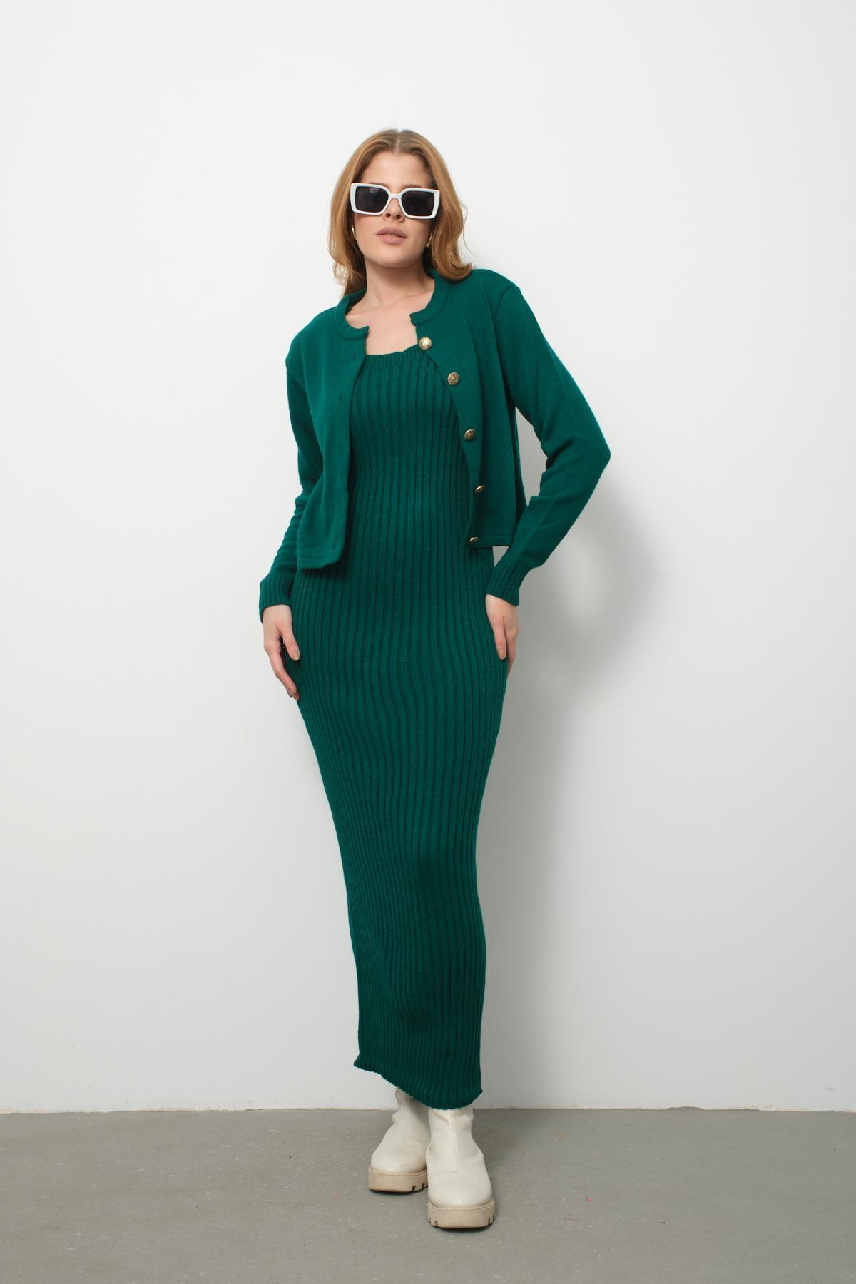 Wholesale Women Emerald Green Knitted Dress and Cardigan Set 713307