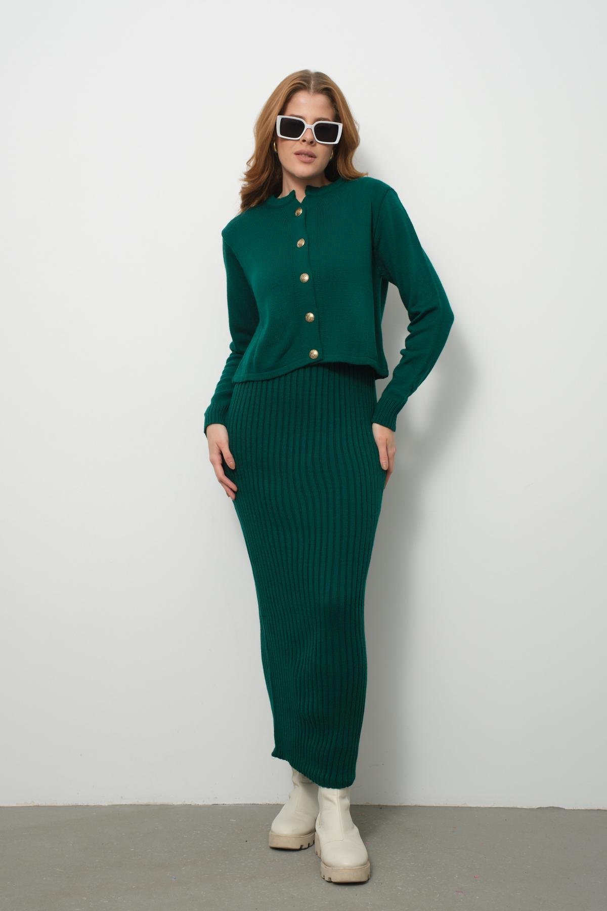 Wholesale Women Emerald Green Knitted Dress and Cardigan Set 713307