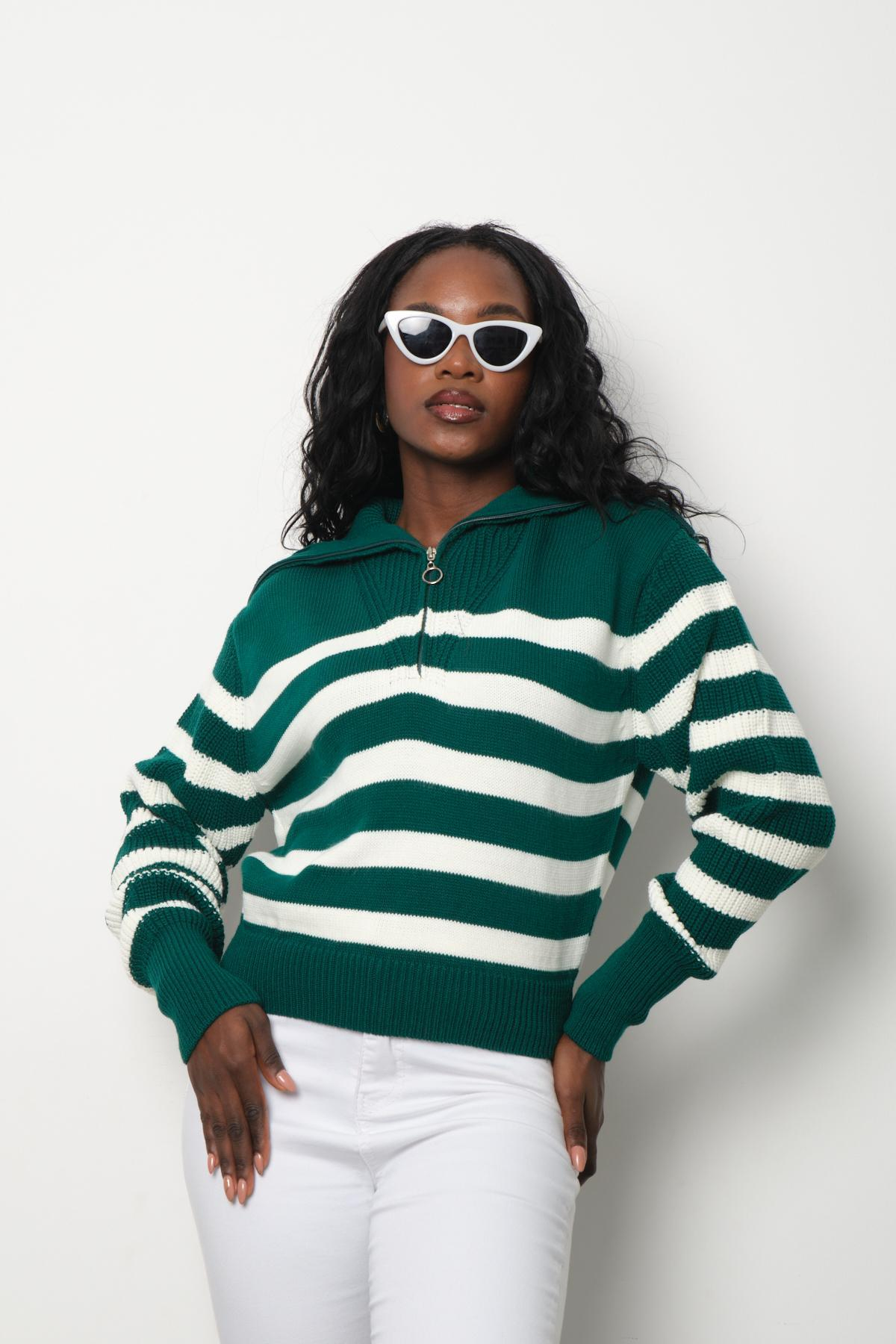 Wholesale Women Emerald Green Striped Zip Neck Knit Blouse 713315