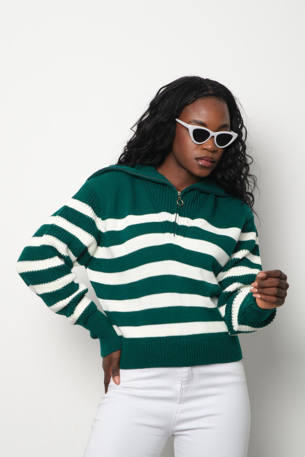 Wholesale Women Emerald Green Striped Zip Neck Knit Blouse 713315
