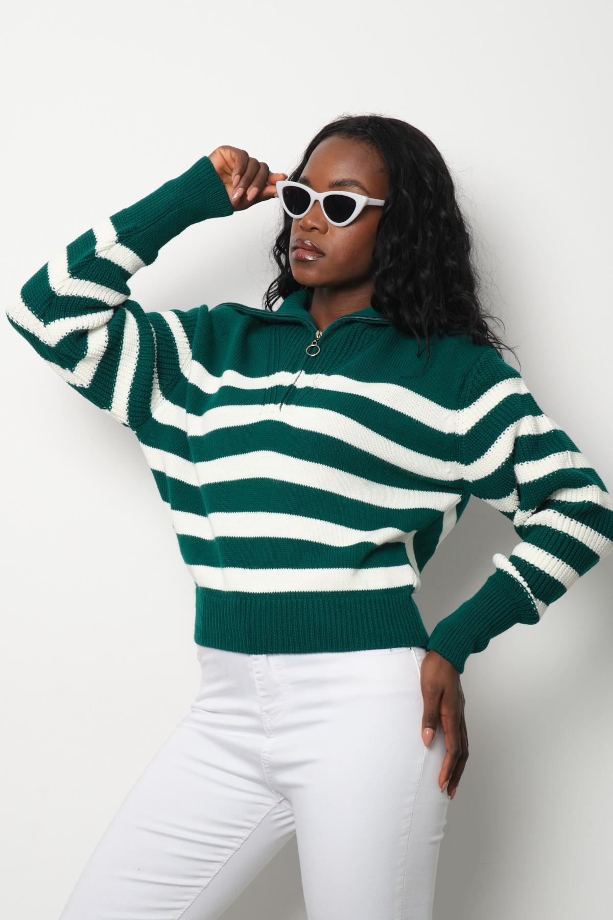 Wholesale Women Emerald Green Striped Zip Neck Knit Blouse 713315