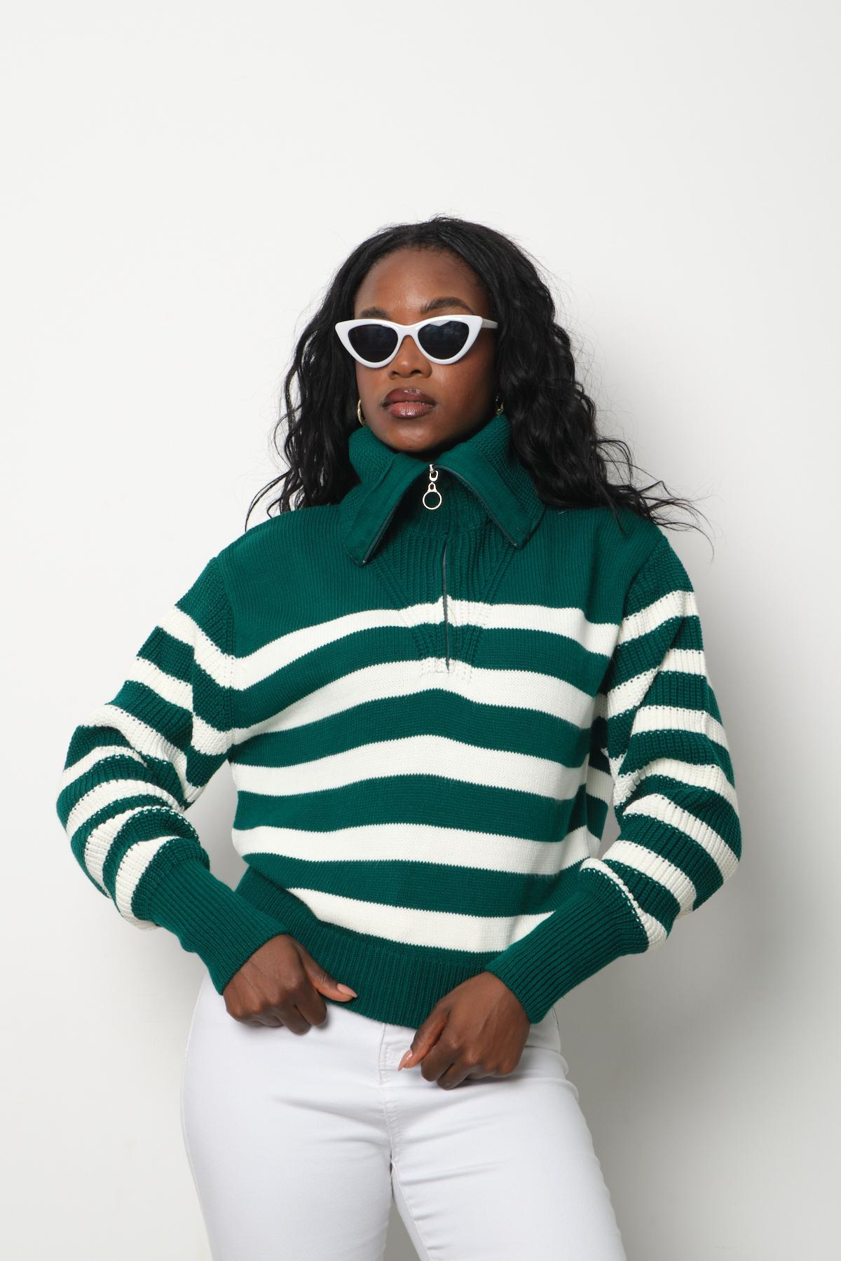 Wholesale Women Emerald Green Striped Zip Neck Knit Blouse 713315