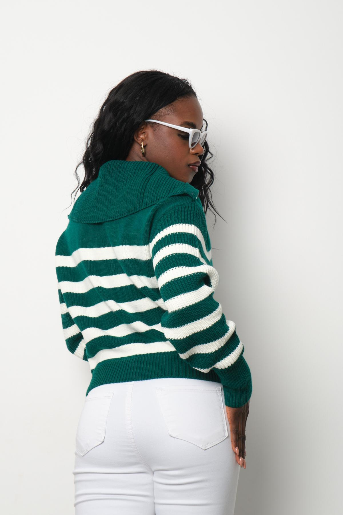 Wholesale Women Emerald Green Striped Zip Neck Knit Blouse 713315