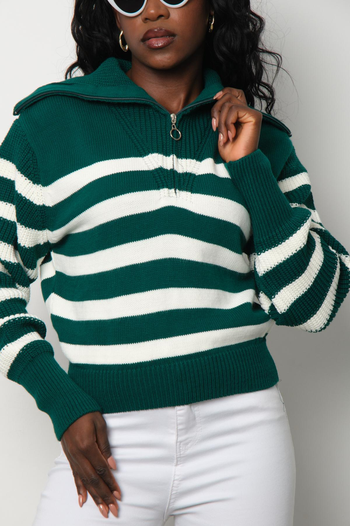 Wholesale Women Emerald Green Striped Zip Neck Knit Blouse 713315