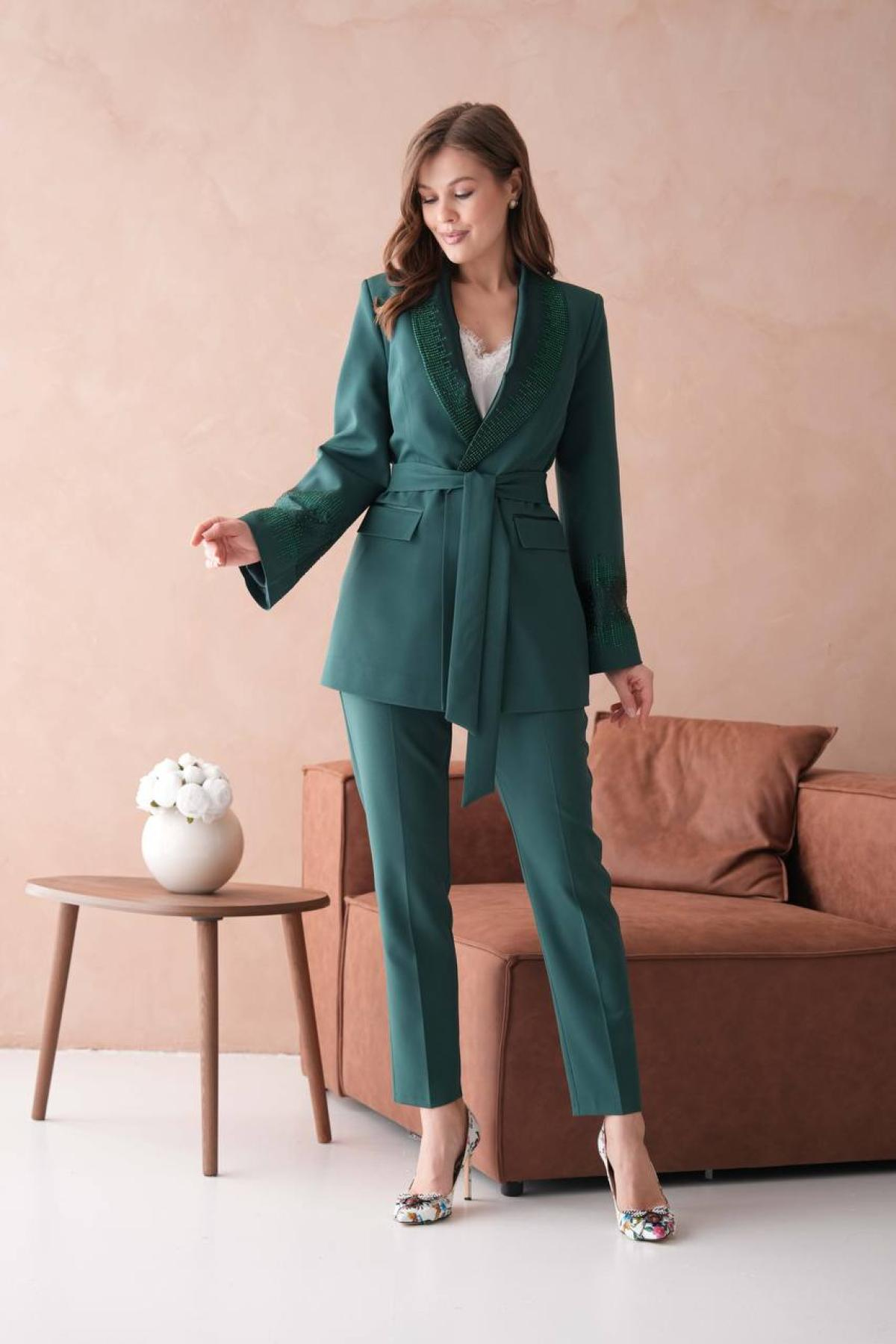 Wholesale Women Emerald Green Two Piece Suit Plus Size - Blazer and Pants Set 721228
