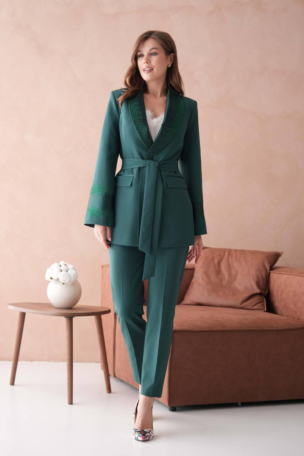 Wholesale Women Emerald Green Two Piece Suit Plus Size - Blazer and Pants Set 721228