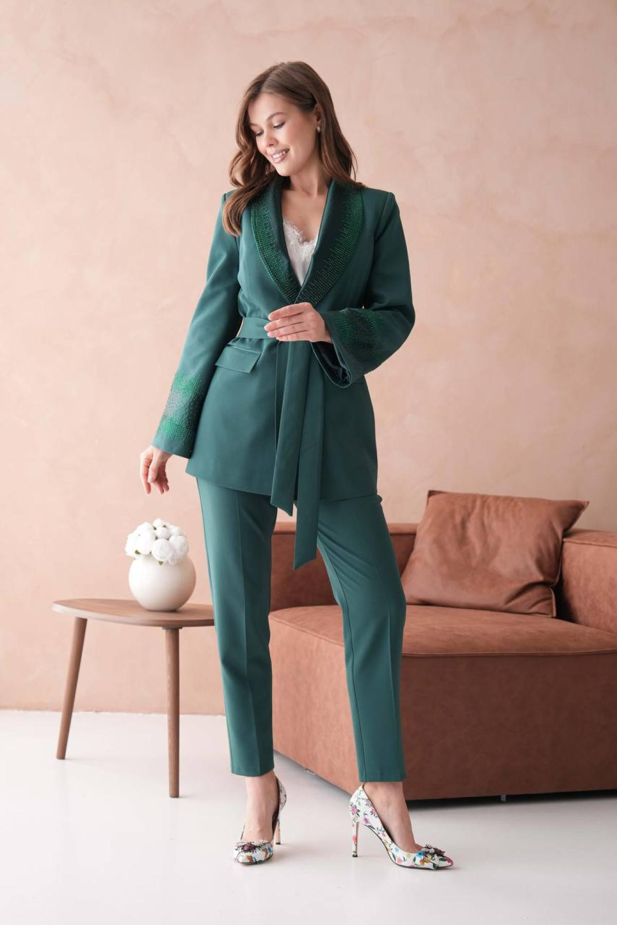 Wholesale Women Emerald Green Two Piece Suit - Blazer and Pants Set 721223