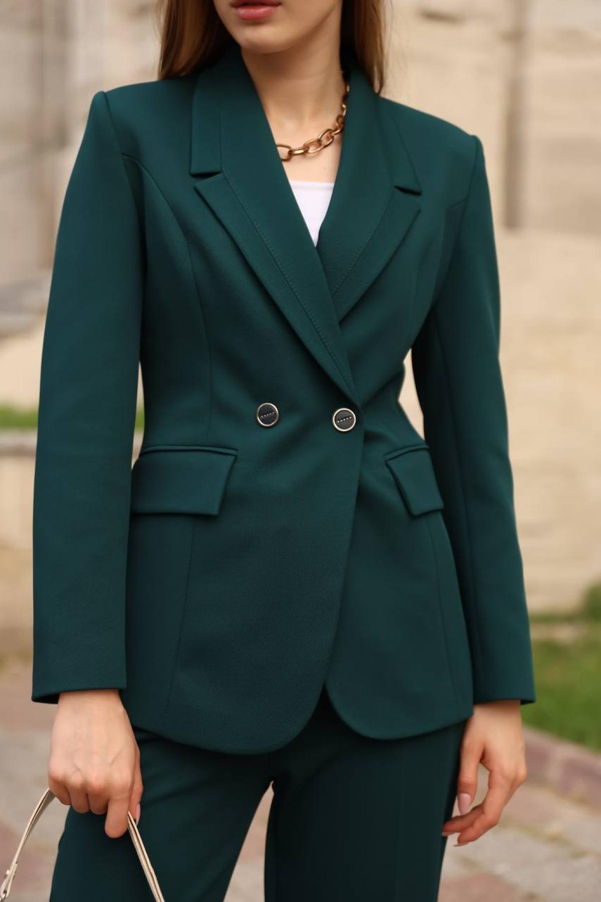 Wholesale Women Emerald Green Two Piece Suit Blazer and Pants Set 718311