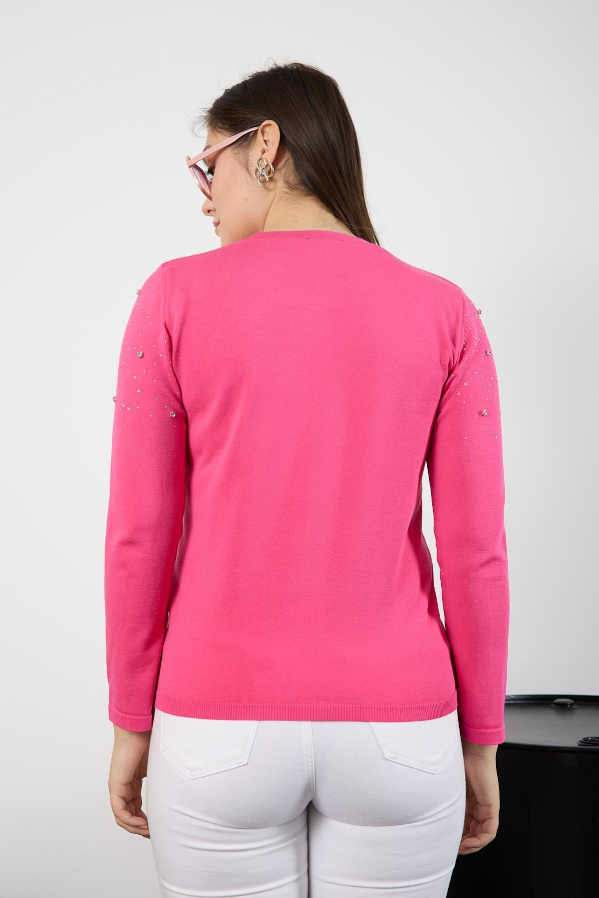 Wholesale Women Fuchsia Crew Neck Knit Blouse Adorned with Rhinestones 725228